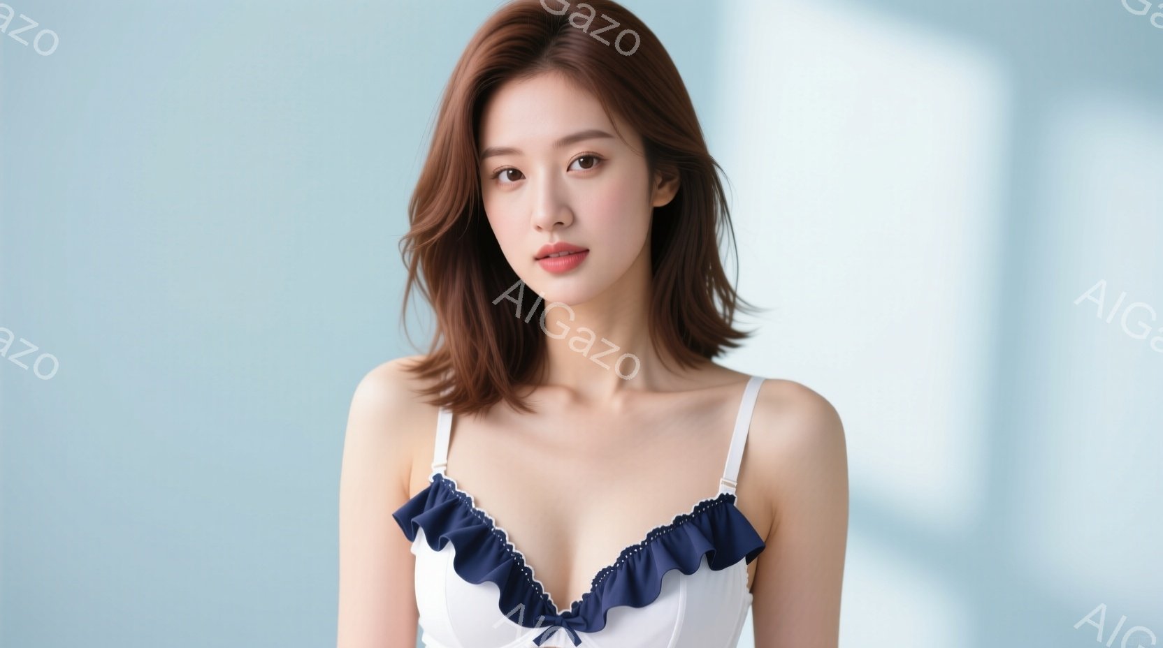 画像は、肩出しの白いブラウスにネイビーブルーのリボンがアクセントとなった女性を捉えています。彼女は肩までの長さの茶髪で、穏やかな微笑みを浮かべています。背景は淡い青色で、柔らかく明るい雰囲気を醸し出し - AI生成フリー素材