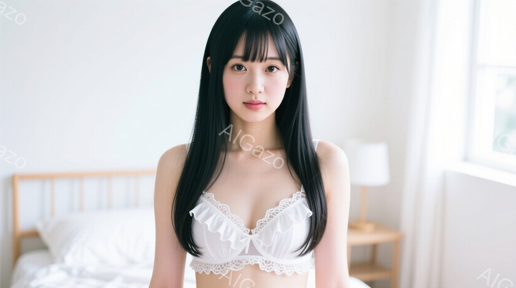 黒髪の長い女性が白いレースのブラレットを着て、ベッドの前に立っています。彼女はまっすぐ前を見つめ、少し微笑んでいます。背景には木製のベッドとナイトスタンドがあり、明るく清潔な寝室の雰囲気です。 - AI生成フリー素材