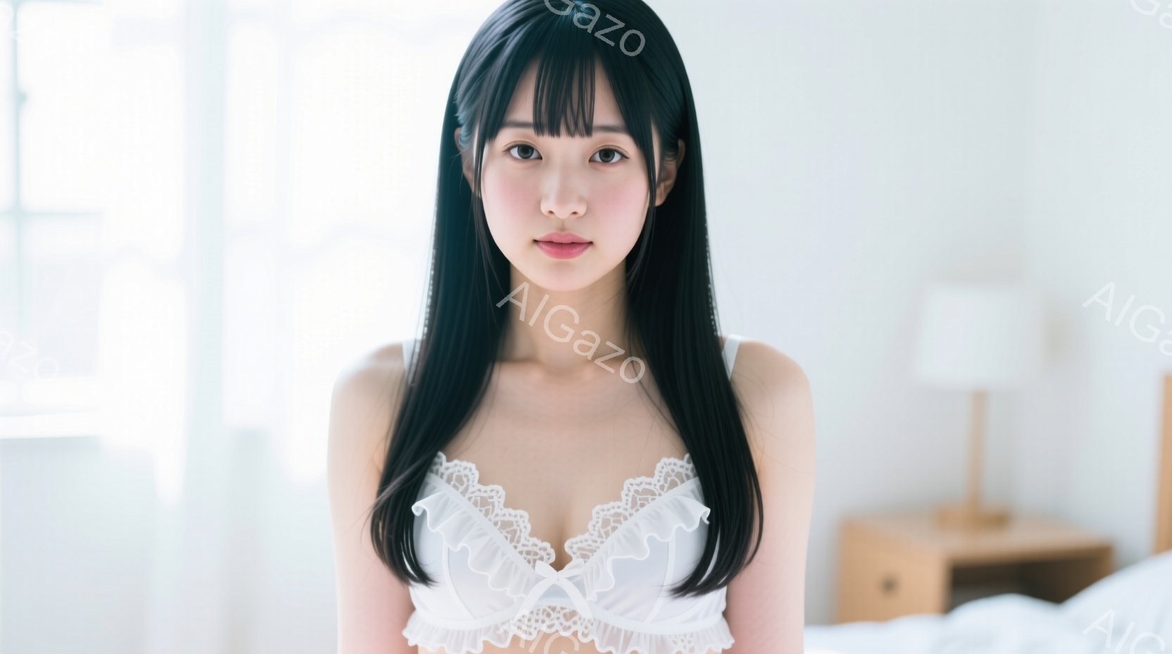 黒髪の女性が白いレースのブラレットを着用し、カメラを見つめています。彼女はストレートヘアで、表情は穏やかで、少し微笑んでいます。背景には白いベッドと木製のナイトスタンドがあり、室内は明るく、柔らかい光 - AI生成フリー素材