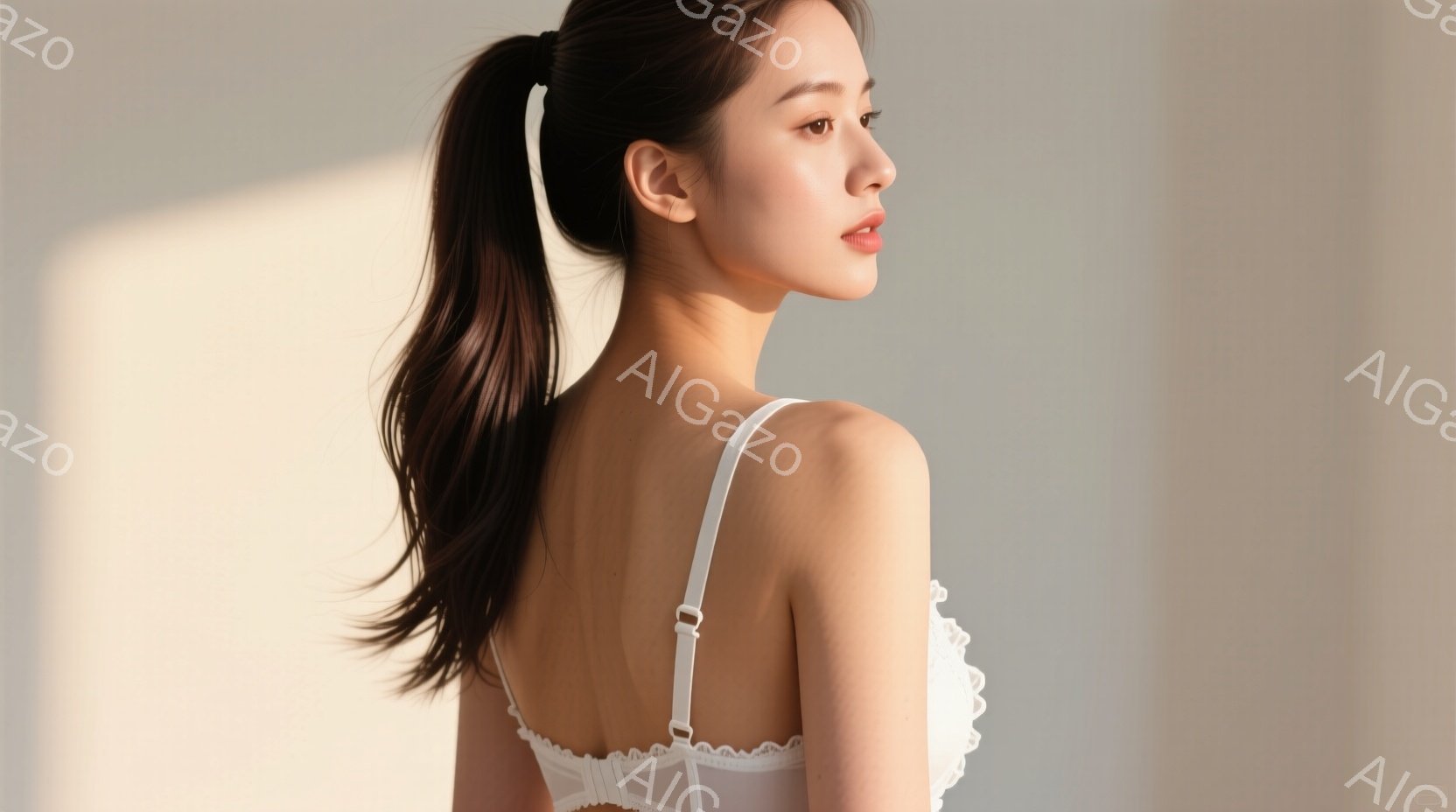 長い黒髪を高い位置で一つにまとめ、白いレースのブラレットを着用した女性が写っています。彼女はわずかに横を向き、穏やかな表情でどこかを見つめており、滑らかな肌が光に照らされています。背景は明るいベージュ - AI生成フリー素材