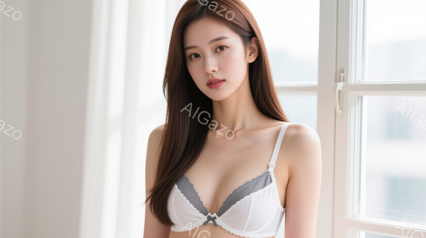 長い茶色の髪をストレートに垂らした女性が、白いレースのブラレットを着用して立っています。彼女は穏やかな表情で、わずかに微笑んでいるように見えます。背景には白い窓枠が見え、全体的に柔らかく、自然光に満ち - AI生成フリー素材