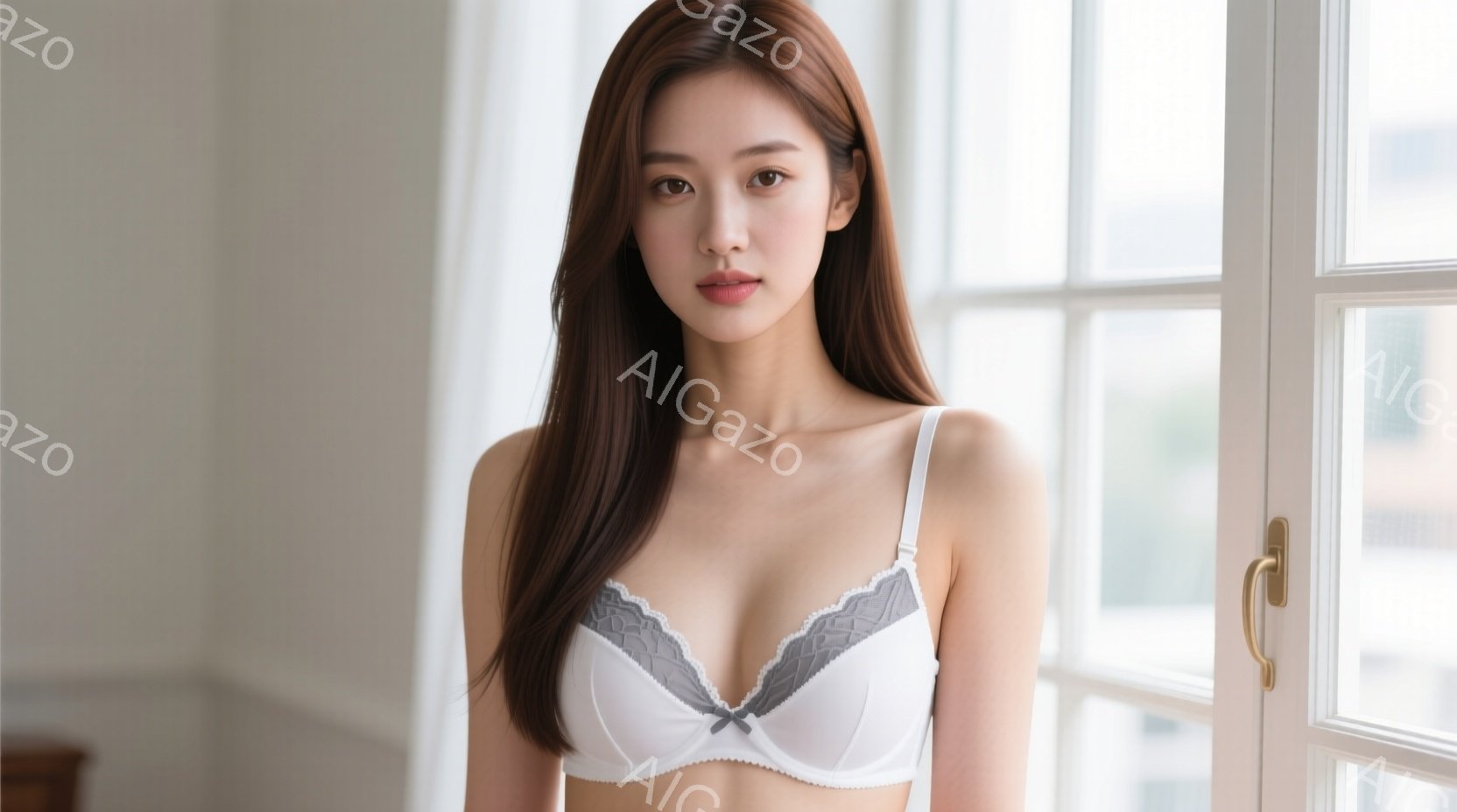 長い茶色の髪を肩にかけ、白いレース付きのブラレットを着た女性が正面を向いています。彼女は穏やかな表情で、わずかに微笑んでいるように見えます。背景は窓と白い壁で、自然光が差し込み、全体的に柔らかく優しい - AI生成フリー素材