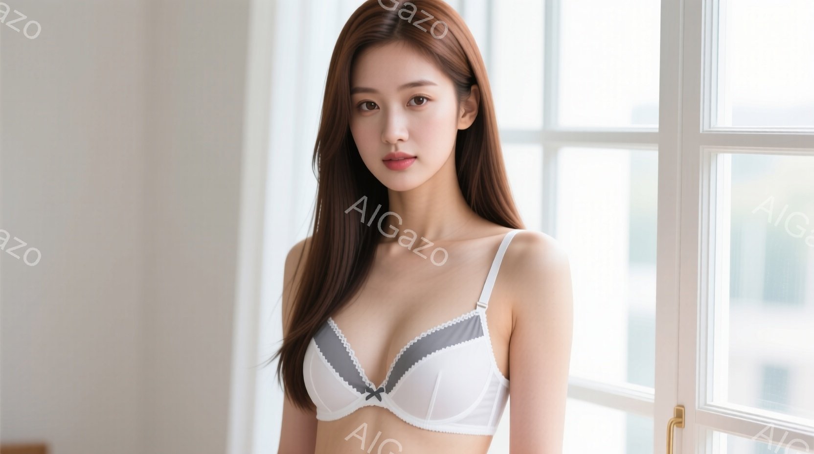 長い茶色の髪をセンターパートにした女性が、白いブラレットと短いパンツ姿で立っている。彼女は少し微笑んでおり、落ち着いた表情をしている。背景には窓と都市の風景が見え、明るく清潔な雰囲気である。