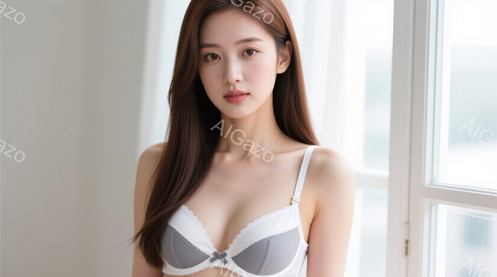 長い茶色の髪を肩にかけた女性が写っています。白いレースとグレーのブラジャーを身に着け、わずかに微笑んだ表情をしています。背景は窓枠で、自然光が差し込み、全体的にソフトで穏やかな雰囲気を醸し出しています - AI生成フリー素材