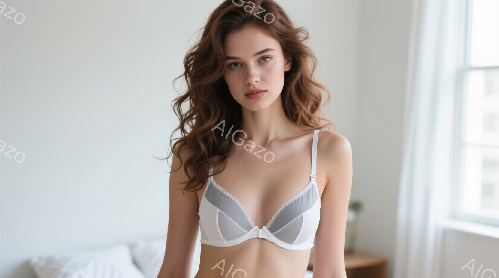 赤毛の女性が白いブラレットを着用し、カメラに向かってわずかに微笑んでいます。彼女はゆるく巻いた髪をしており、リラックスした姿勢で立っています。背景にはぼやけた窓と家具が見え、部屋全体が柔らかく暖かい雰 - AI生成フリー素材