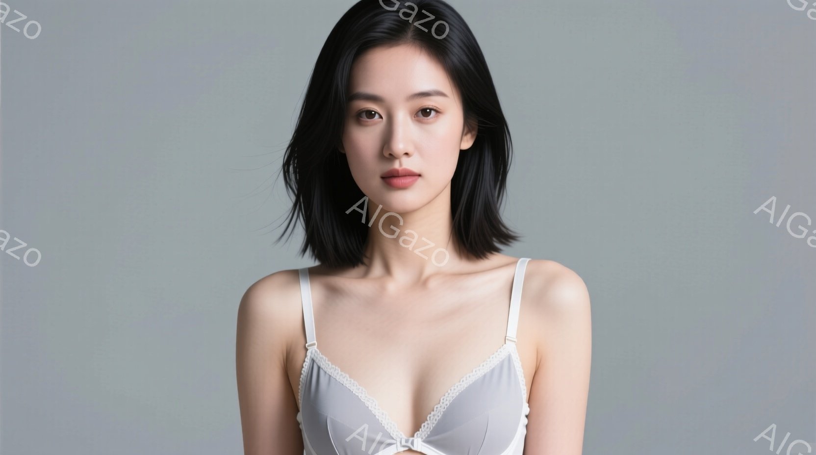 黒髪の短いヘアスタイルの女性が、淡いピンク色のレースのキャミソールブラを着用して正面を向いています。彼女は落ち着いた表情で、わずかに口角を上げています。背景は均一なグレーで、被写体に焦点が当てられてい - AI生成フリー素材