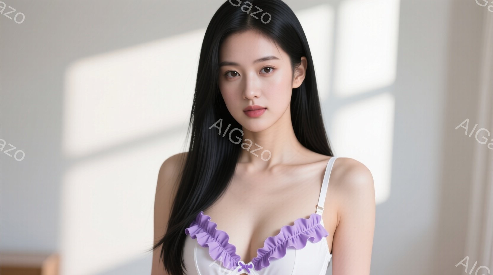 長い黒髪の女性が、白地にラベンダー色のフリルが施されたキャミソールを着て正面を向いています。彼女は少し微笑んでおり、肌は滑らかで、姿勢はまっすぐです。背景は白く、光が差し込み、全体的に柔らかく明るい雰 - AI生成フリー素材