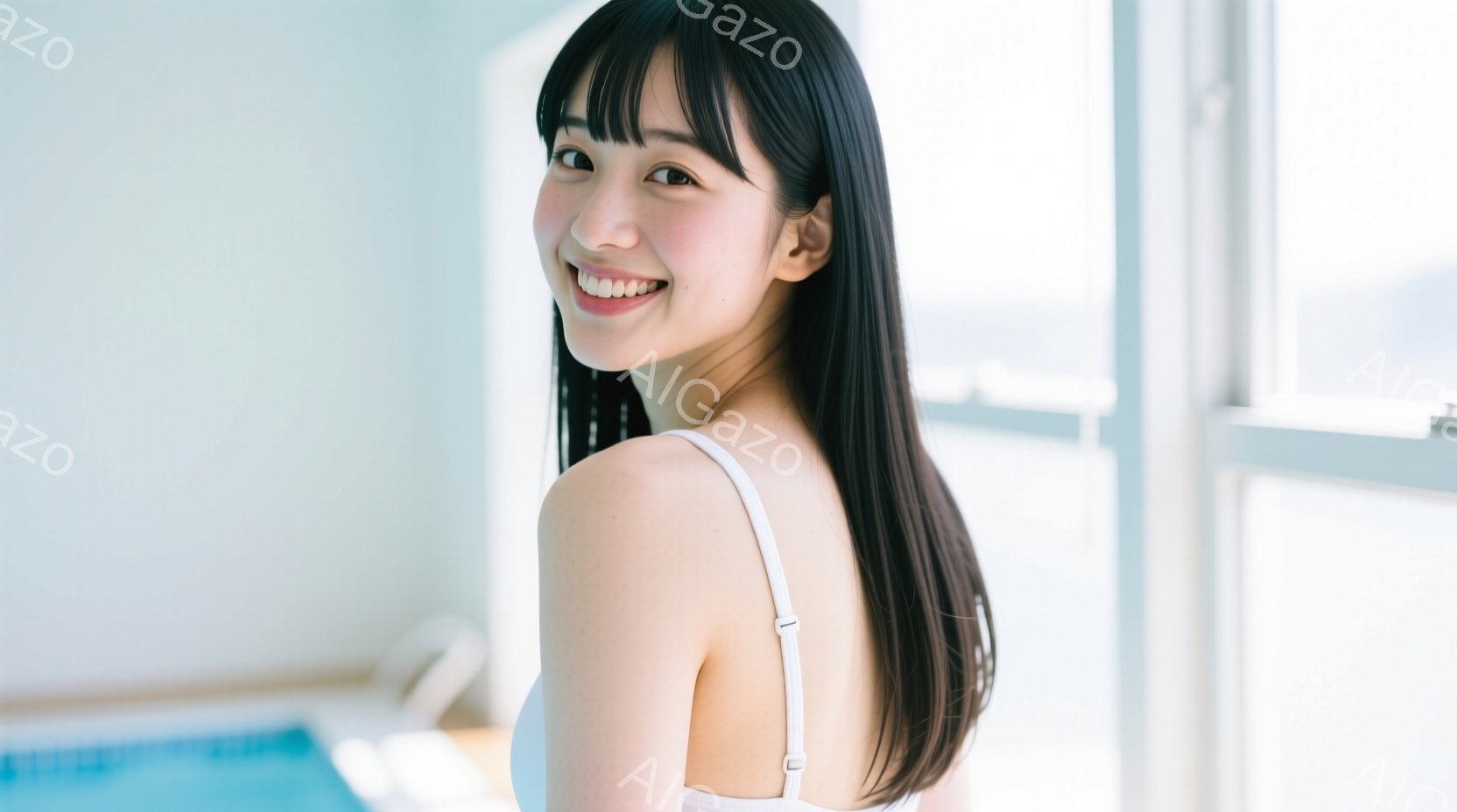 長い黒髪を肩から後ろに流した女性が、白いキャミソールを着て微笑んでいます。彼女はわずかに体を右に傾け、正面を向いてカメラを見つめており、背景には窓とプールの青い水面が見えます。 全体的に明るく、爽やか - AI生成フリー素材