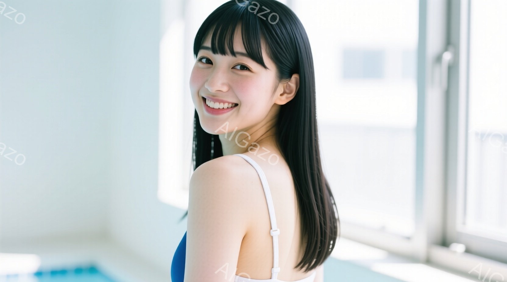 黒髪の女性が、白いストラップのキャミソールと青い水着の上着を着て、カメラに向かって微笑んでいます。彼女は少し体をひねり、リラックスした姿勢で、背景には大きな窓と水泳プールの水が見えます。 全体的に、明 - AI生成フリー素材