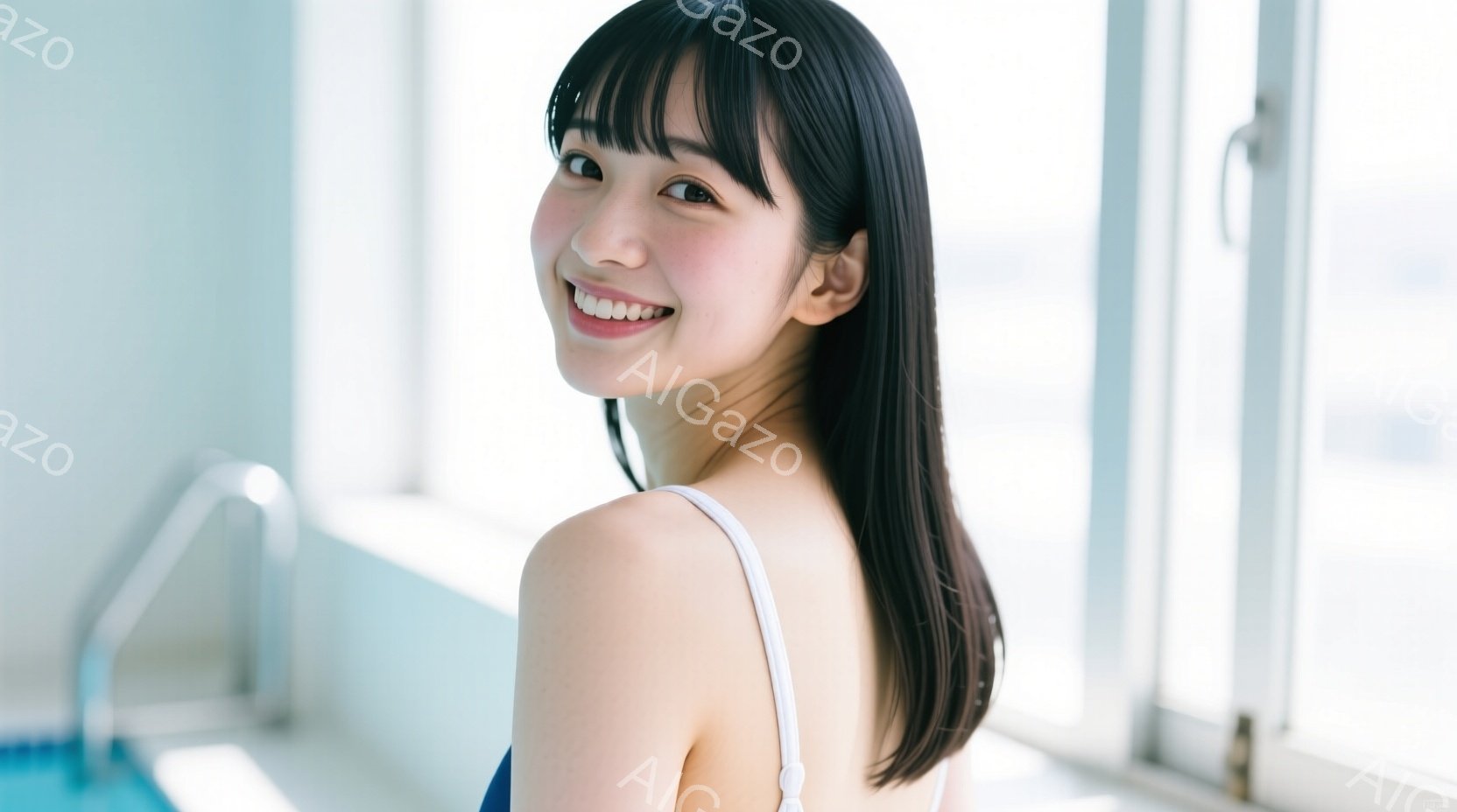 黒髪の女性が正面を向いて微笑んでいます。彼女は肩出しの青い水着を着ており、髪は長くストレートで、顔の横に流れています。背景は水色の壁と窓で、おそらくプールの縁辺に見えます。 - AI生成フリー素材