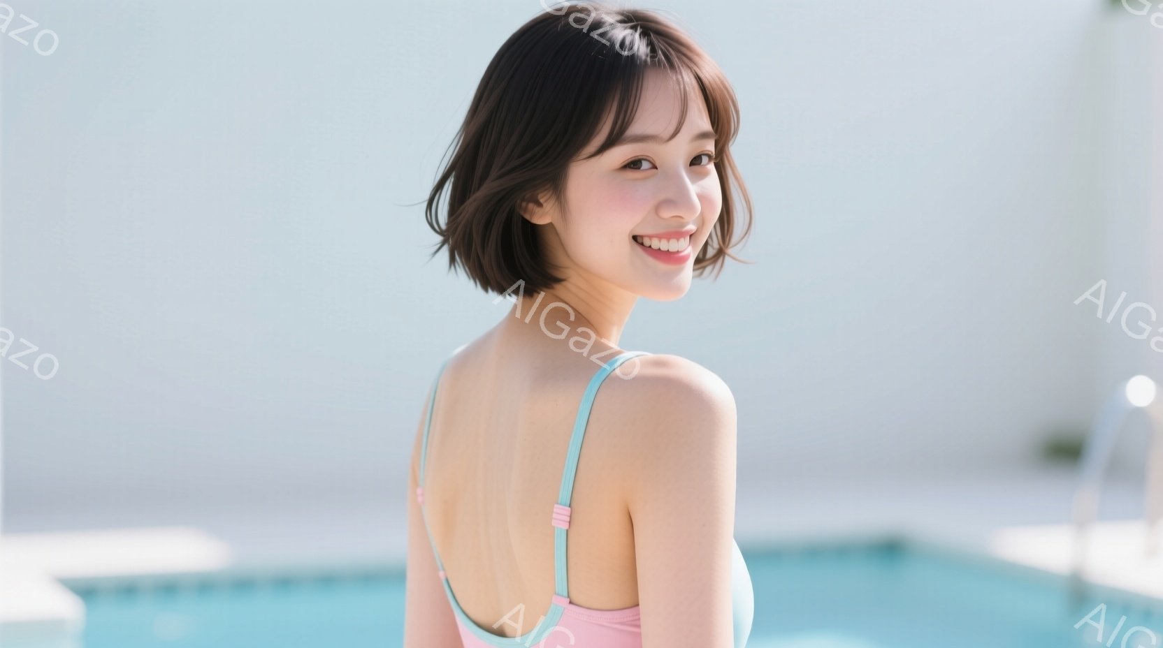 短い茶色の髪の女性が、ピンクと水色のストラップのビキニを着て、少し振り返って笑顔を浮かべている。彼女はプールサイドに立っており、背景には白いタイルとプールの青い水が見える。全体的に、明るく爽やかな夏の - AI生成フリー素材