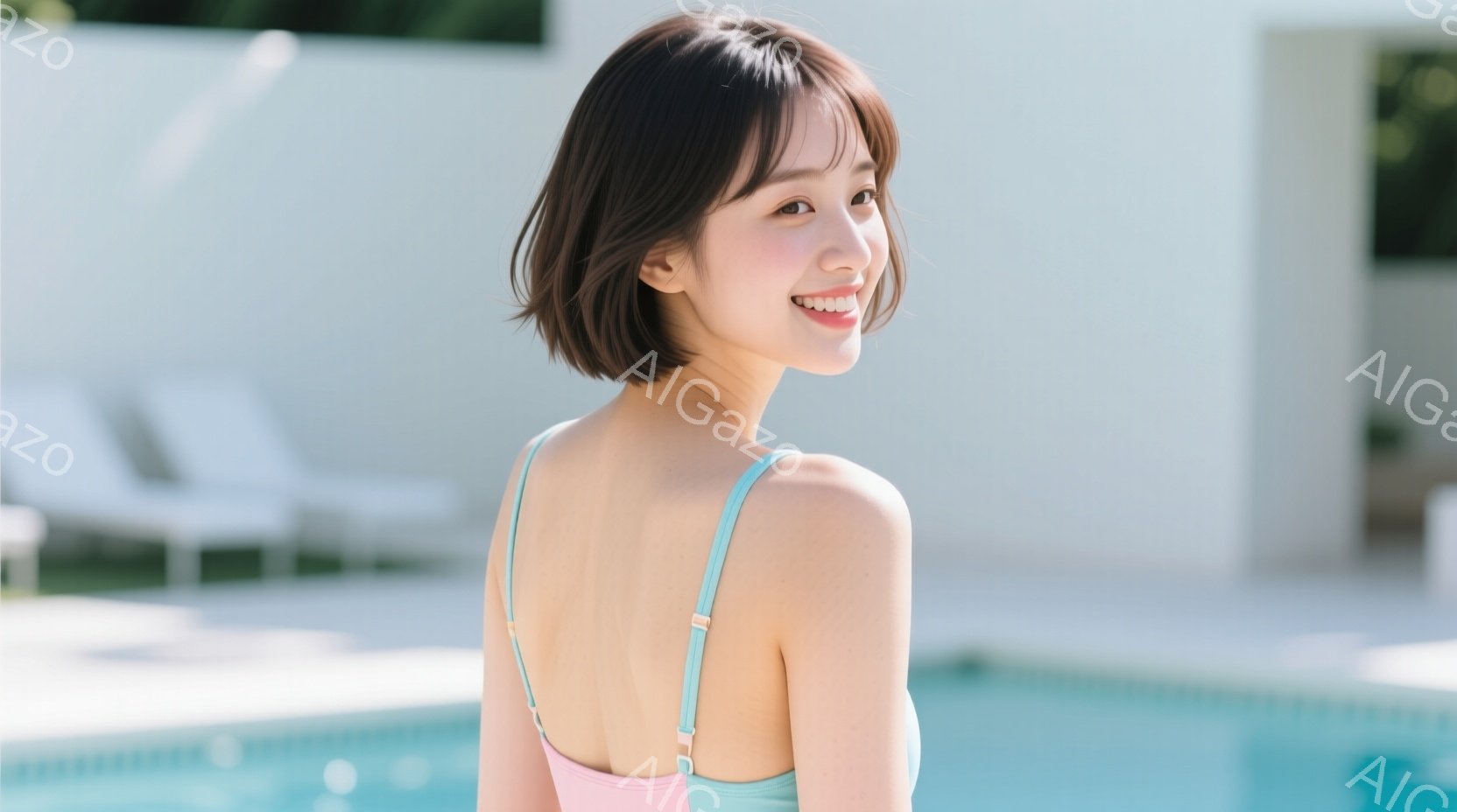 短い黒髪で、肩を少し出した水着を着た女性が写っています。彼女はプールサイドで少し振り返り、笑顔を見せています。背景には青いプールの水と白いデッキチェア、そして緑豊かな植物が見え、晴れた日のリラックスした雰囲気を醸し出しています。