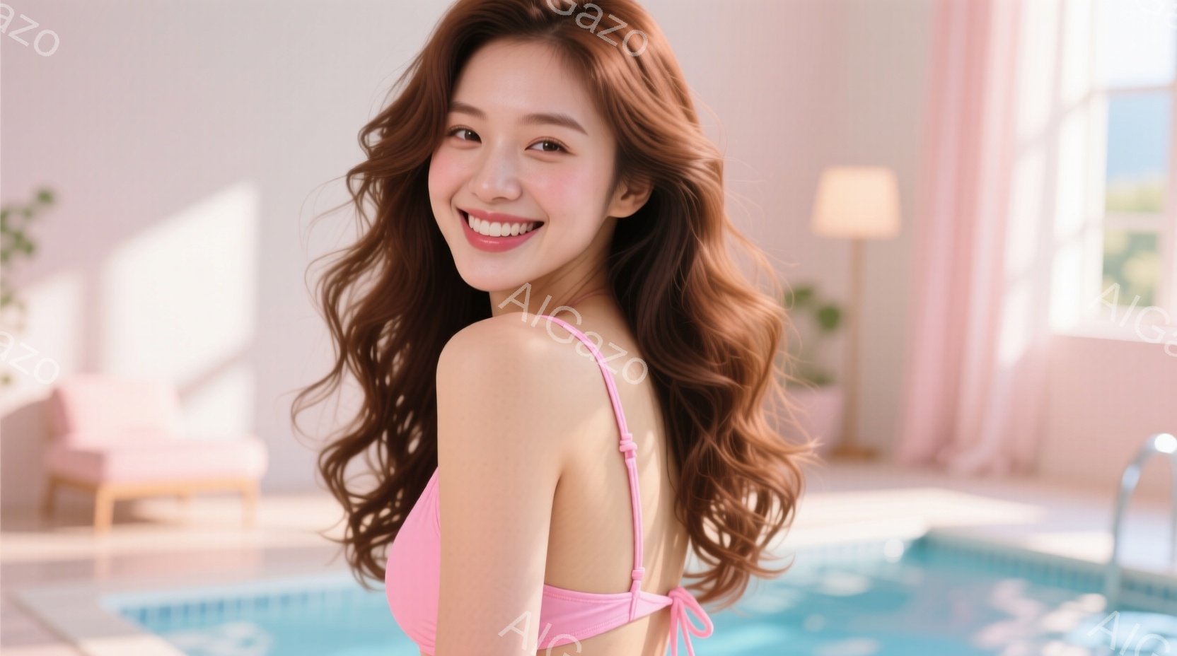 明るいピンク色のビキニを着た女性が、プールサイドで笑顔を見せています。彼女は長い茶色の巻き毛で、リラックスした姿勢でカメラに向かって体を少し傾けています。背景には薄いピンク色の壁と、明るい光が差し込む - AI生成フリー素材