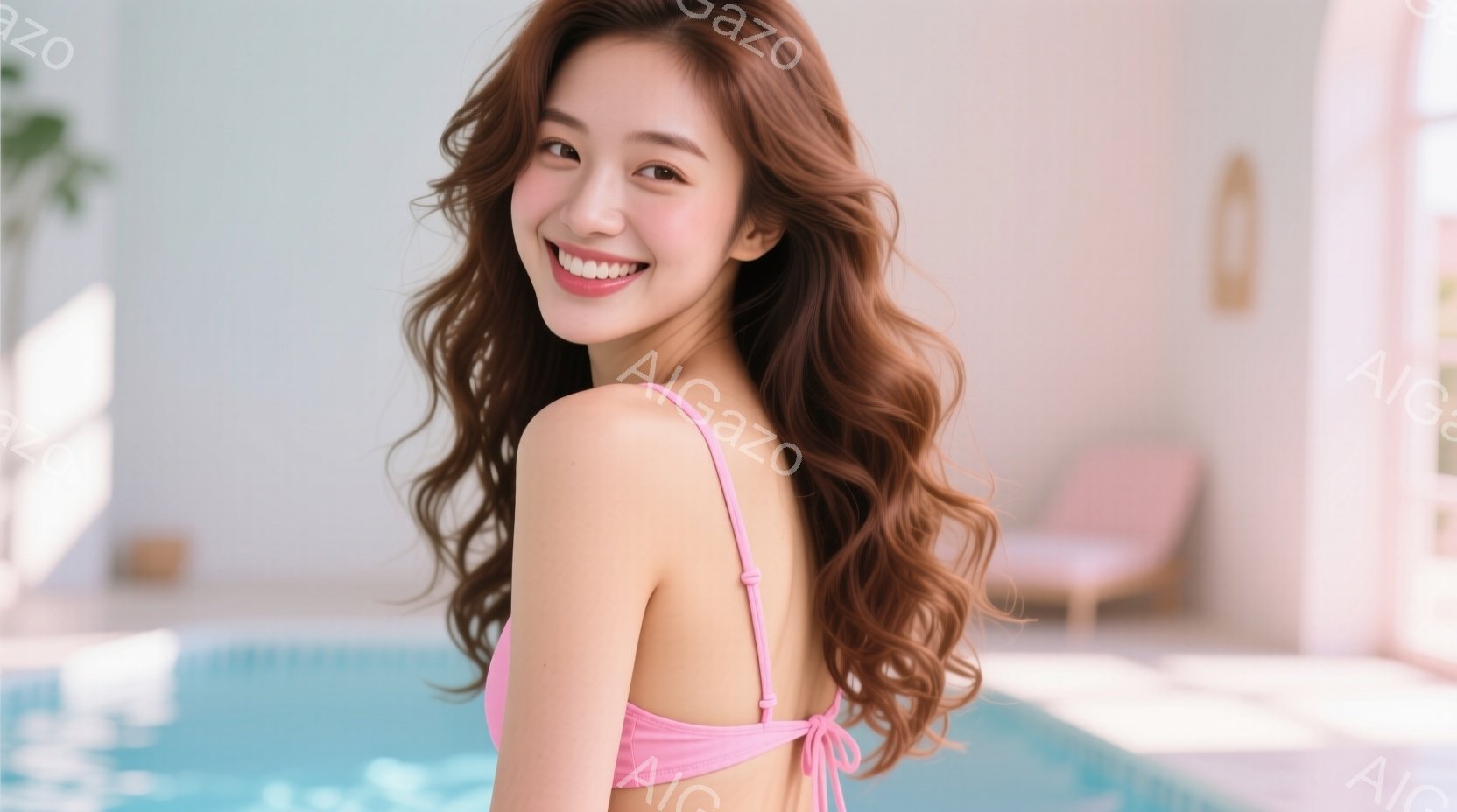明るいピンク色のビキニを着た若い女性が、カメラに向かって微笑んでいます。彼女は長い茶色の巻き毛で、リラックスしたポーズで肩越しにこちらを見ています。背景には、青いプールの水面と、明るい空間を演出する白 - AI生成フリー素材