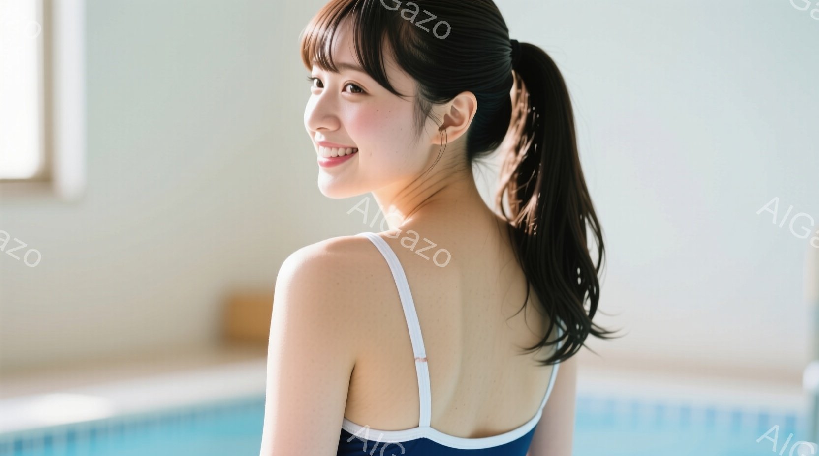 この女性は、肩出しの紺色と白のストラップの競泳用水着を着用し、後ろを向いて微笑んでいます。彼女の黒髪は高い位置でポニーテールに結ばれており、肌は滑らかで健康的に見えます。背景は明るい青色の水泳プールの水面で、全体的に清潔で爽やかな印象を与えます。