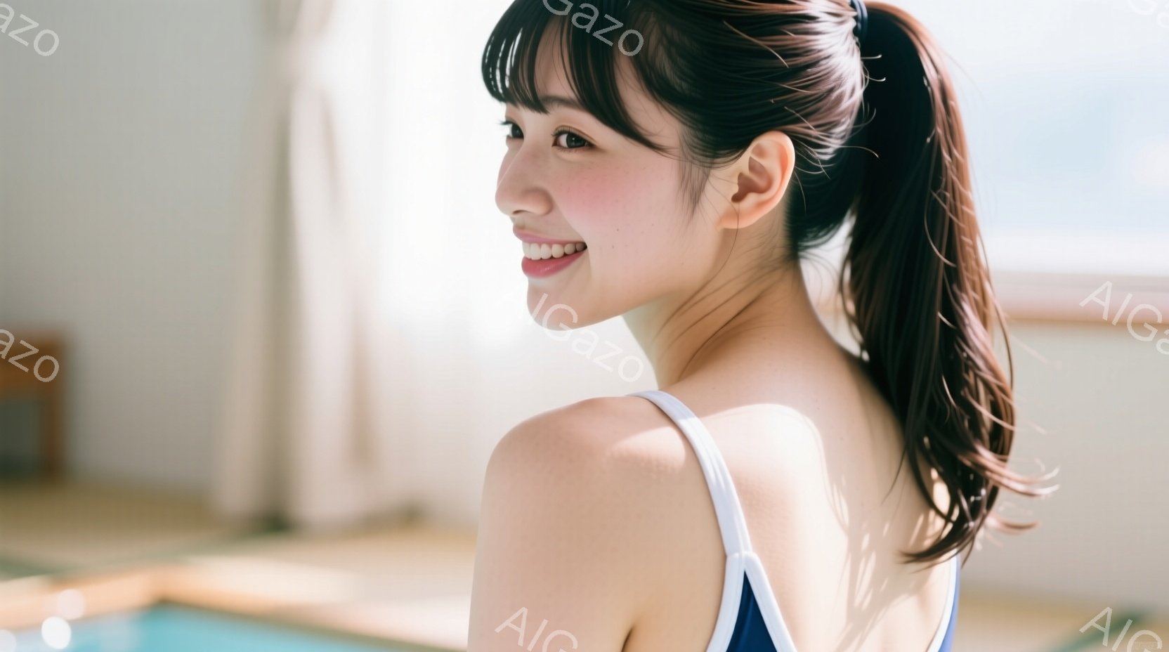 明るい表情の若い女性が写っている。彼女は肩出しの紺色と白のスイムウェアを身につけ、髪をポニーテールにしている。背景は明るい室内で、水色のプールの一部がぼやけて見える。 - AI生成フリー素材