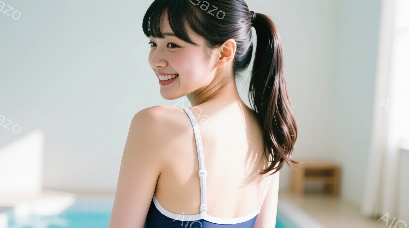 長い黒髪をポニーテールにし、水着姿の女性が笑顔で振り返っている。白いストラップが印象的な紺色の水着を着ており、背景には水色のプールと白い壁が見える。明るい室内で、リラックスした、爽やかな雰囲気が漂って - AI生成フリー素材