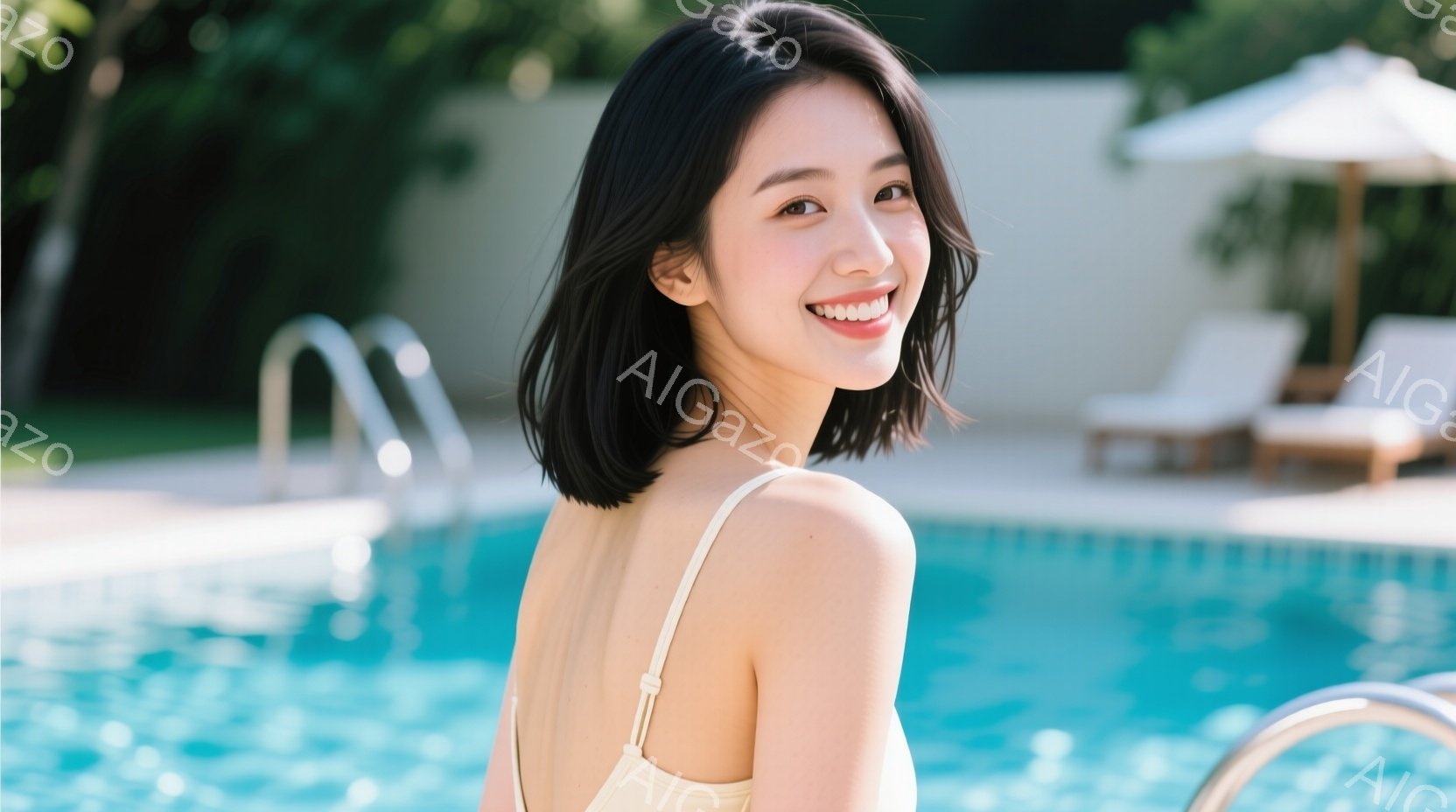 彼女は肩出しのクリーム色の水着を着て、肩まで伸びた黒髪をしています。プールサイドで笑顔を見せ、わずかに体をひねったポーズをとっています。背景には青いプールの水面、白いデッキチェア、緑豊かな植物が見え、晴れた日のリラックスした雰囲気を醸し出しています。