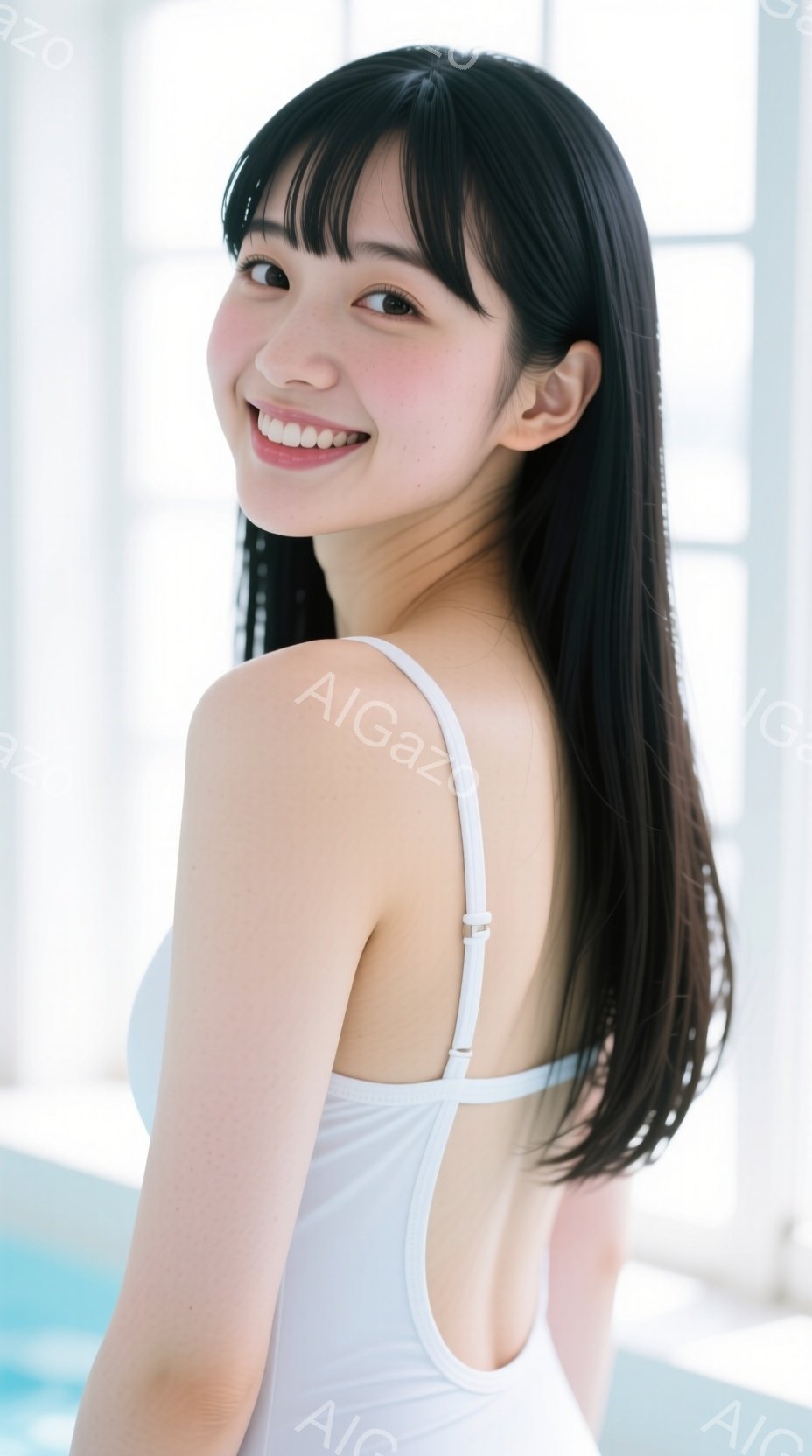 長い黒髪を肩にかけた女性が、白いワンピース水着を着てこちらを見ている。彼女は微笑んでおり、背景には水色の水面と明るい光が差し込む室内プールが見える。全体的に清潔感があり、リラックスした雰囲気の写真であ - AI生成フリー素材
