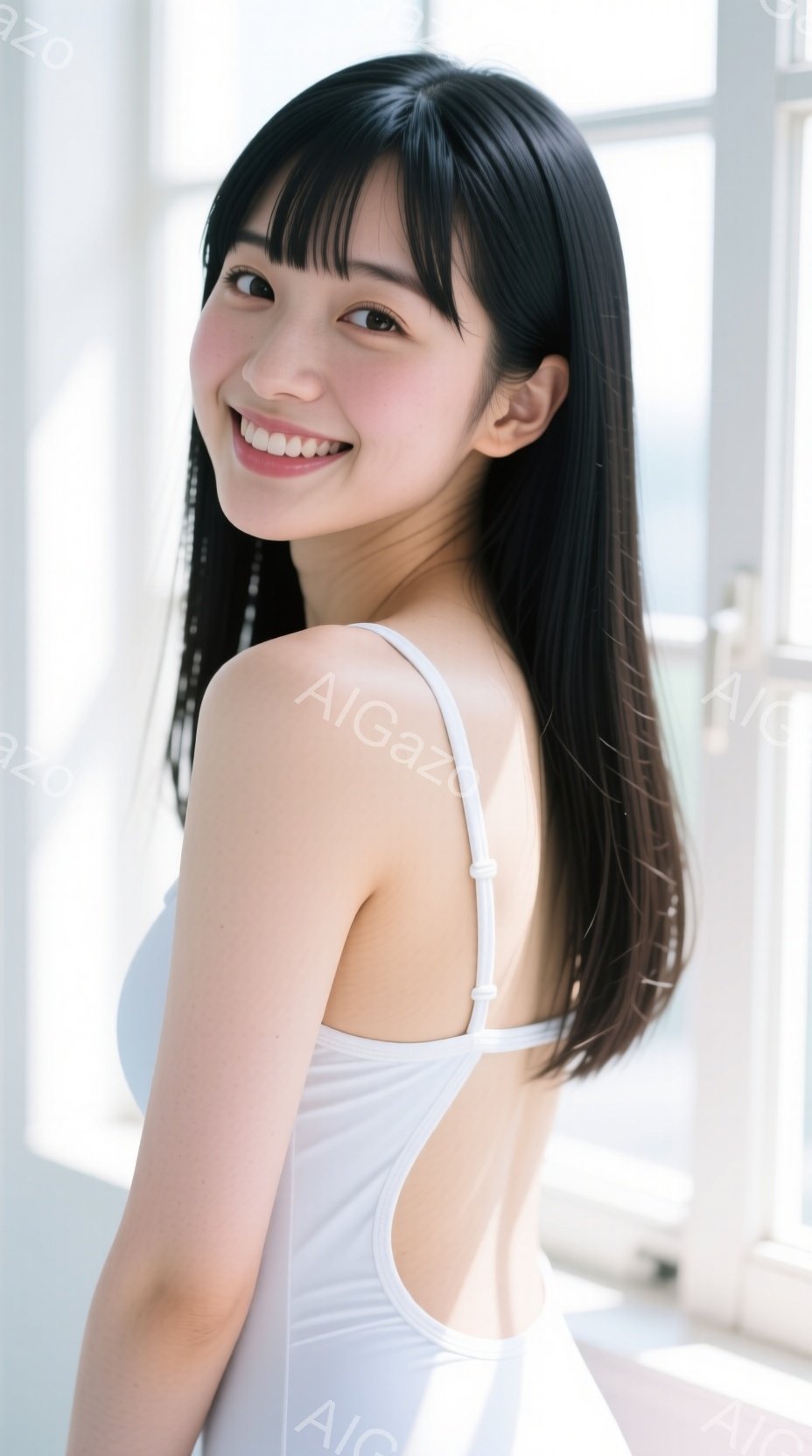 長い黒髪を肩にかける女性が、白いキャミソールドレスを着て正面を向いています。彼女は微笑んでおり、リラックスした姿勢で立っています。背景には白い窓枠と柔らかな光があり、明るく穏やかな雰囲気を醸し出してい - AI生成フリー素材