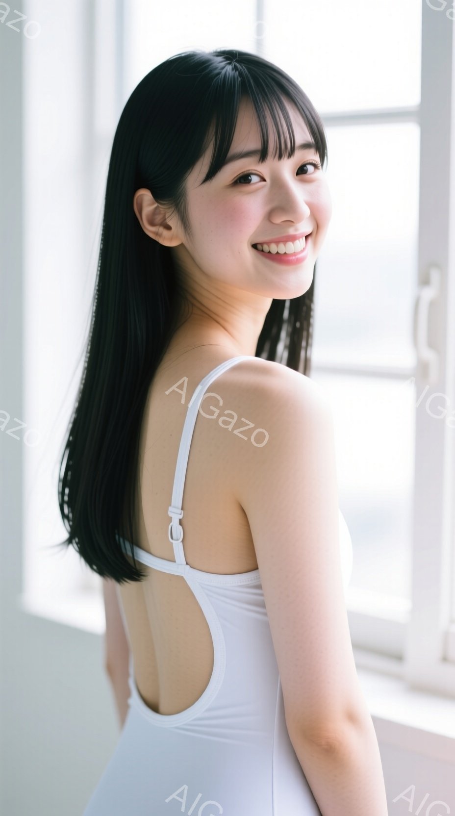 長い黒髪を肩にかける若い女性が、白いキャミソールを身に着けて微笑んでいます。彼女は背中を少し丸めてカメラを見つめており、背景には明るい光が差し込む窓枠が見えます。全体的に、柔らかく自然な光が彼女を照ら - AI生成フリー素材