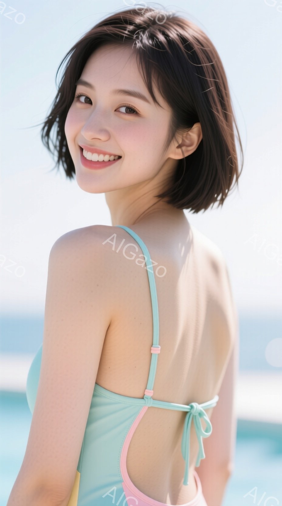 明るい青色の水着を着た若い女性が、少し振り返ってこちらを見ている。彼女は肩までの長さのダークブラウンの髪を持ち、顔には微笑みが浮かんでいる。背景には、穏やかな青い海と白い波が広がり、晴れた日差しが彼女 - AI生成フリー素材