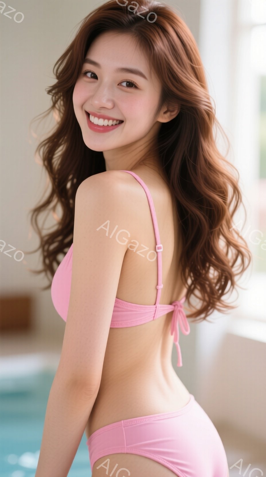 明るいピンク色の水着を着た女性が、笑顔でカメラに向かってポーズをとっています。彼女は長い茶色の巻き髪で、姿勢はリラックスしており、背景にはぼやけたプールが見えます。全体的に、明るく爽やかな夏の雰囲気です。