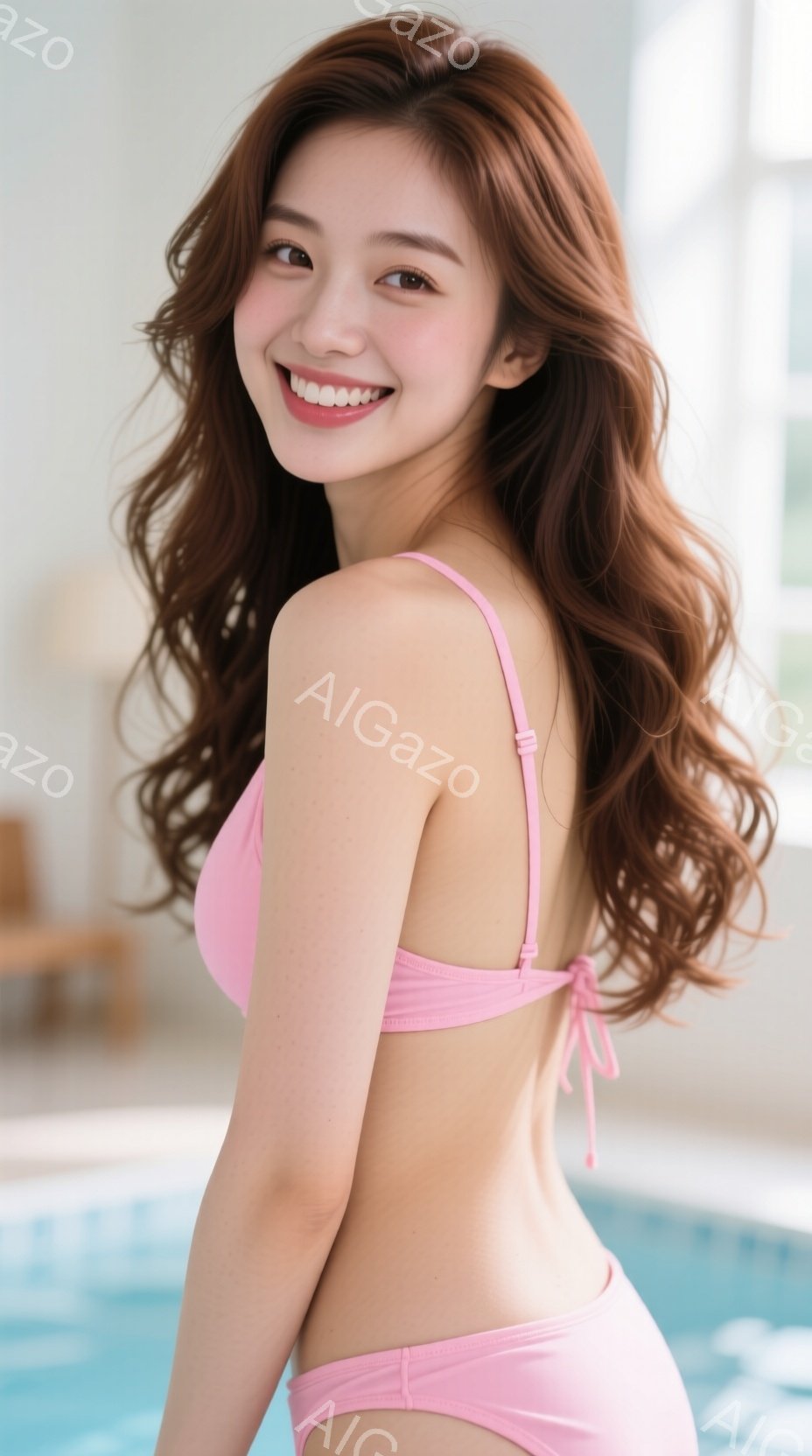 明るいピンク色のビキニを着た女性が、少し振り返ってこちらを見ている。彼女は長い茶色の髪をふんわりとカールさせており、顔には笑顔が浮かんでいる。背景はプールの水面と、ぼんやりと見える室内の一部で、全体的 - AI生成フリー素材