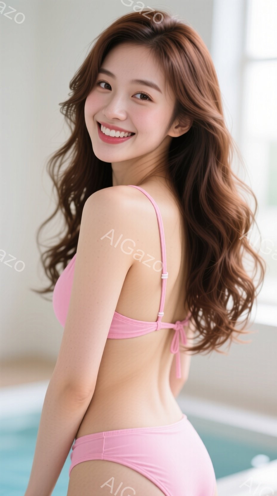 明るいピンク色の水着を着た若い女性が写っています。彼女は髪をふんわりとカールさせ、笑顔でカメラを見ています。背景には、水色のプールの光がぼんやりと見え、爽やかな雰囲気を醸し出しています。 - AI生成フリー素材