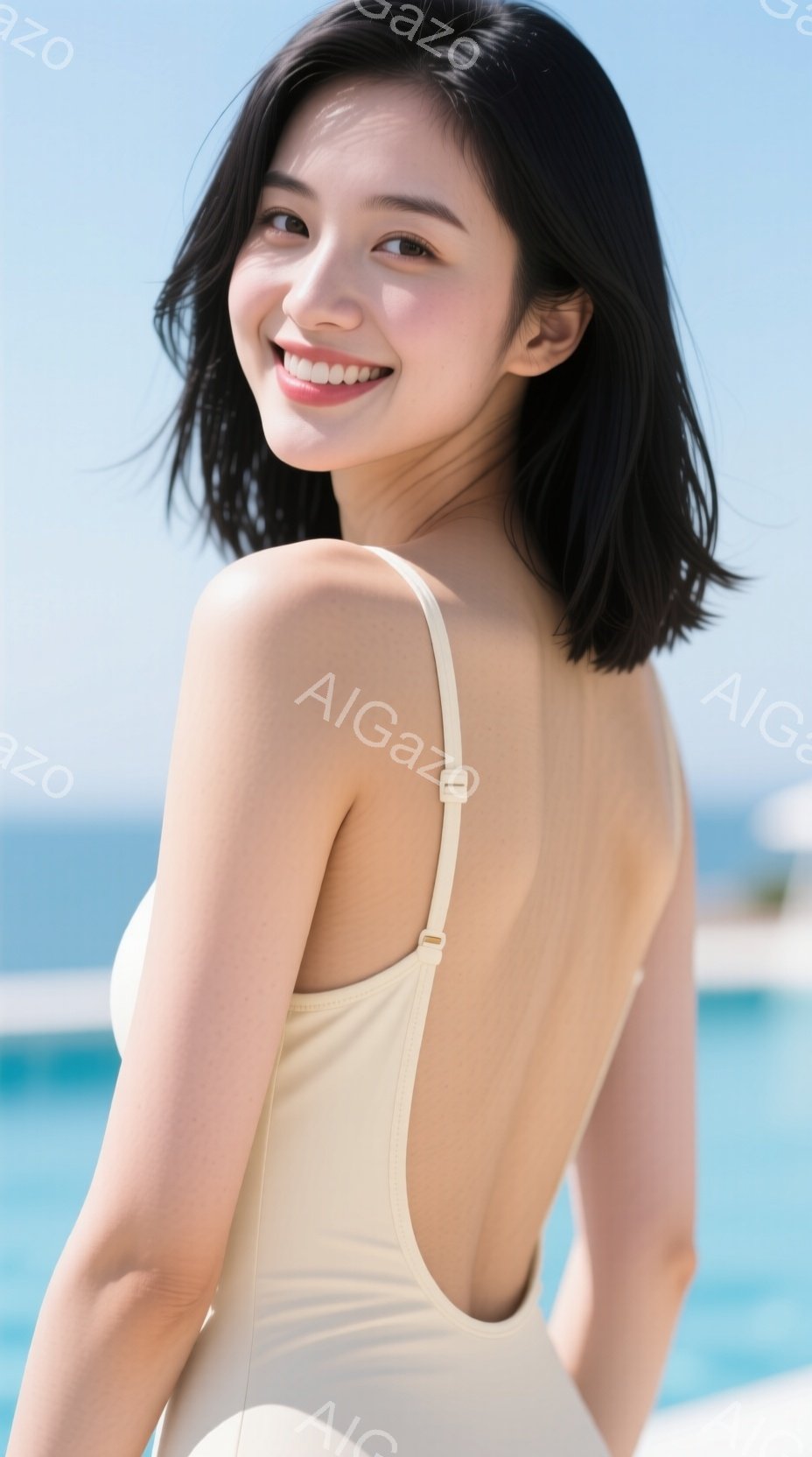 長い黒髪の女性が、クリーム色のキャミソールワンピースを着て、わずかに振り返ってこちらを見ている。彼女は微笑んでおり、リラックスした雰囲気が漂っている。背景には青い海とプール、そして白い建物が見え、晴天 - AI生成フリー素材