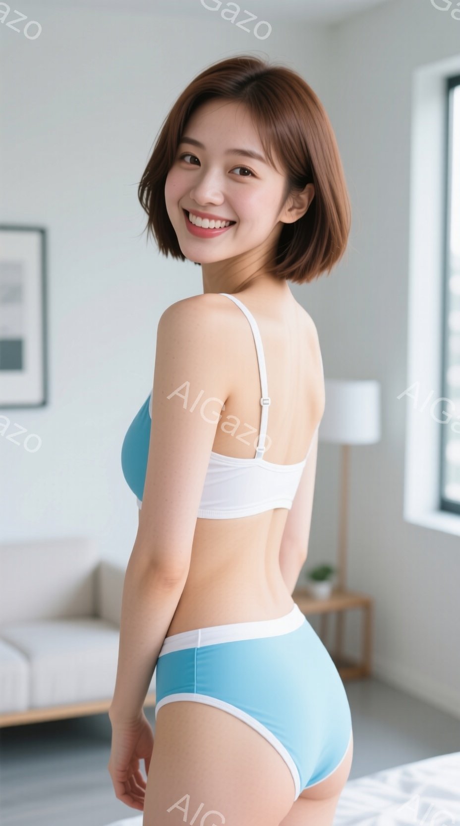 若い女性が白いブラと水色のブリーフを着用し、カメラに向けて微笑んでいます。彼女は髪を短く切り、背中を少し丸めて立っており、リラックスした雰囲気です。背景には、シンプルなインテリアの部屋、ソファ、テーブ - AI生成フリー素材