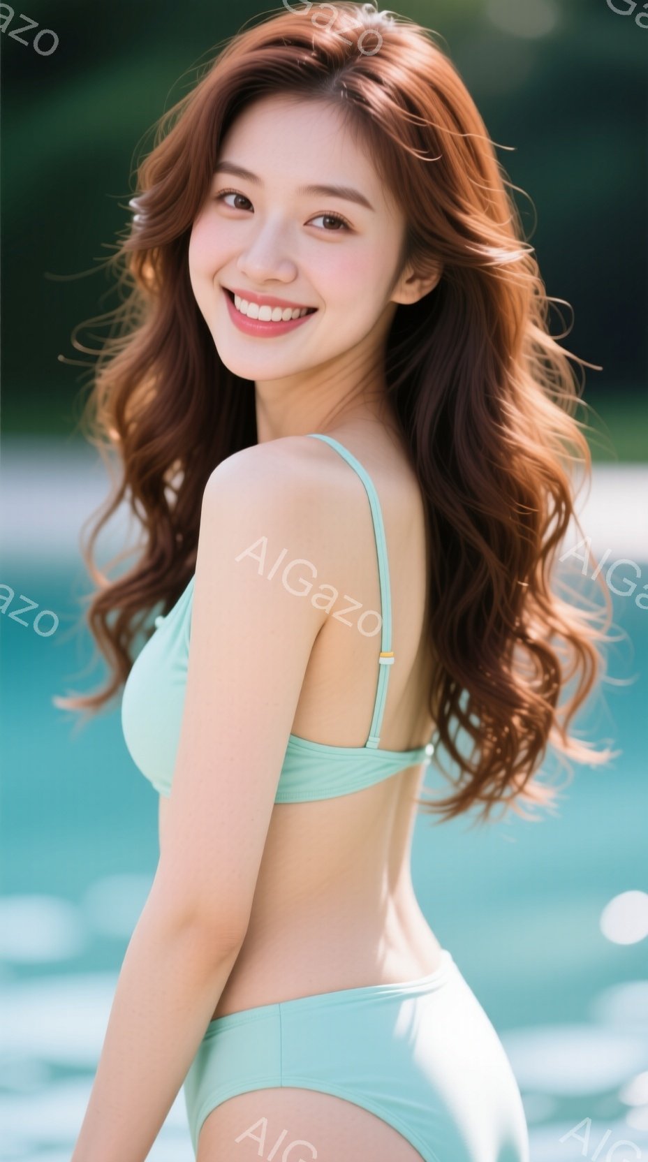 明るい茶色の長い巻き毛の女性が、ターコイズブルーのビキニを着て、わずかに振り返ってこちらを見ている。彼女は微笑んでおり、表情は明るく、リラックスしているように見える。背景には青い水面と緑豊かな植物が見 - AI生成フリー素材
