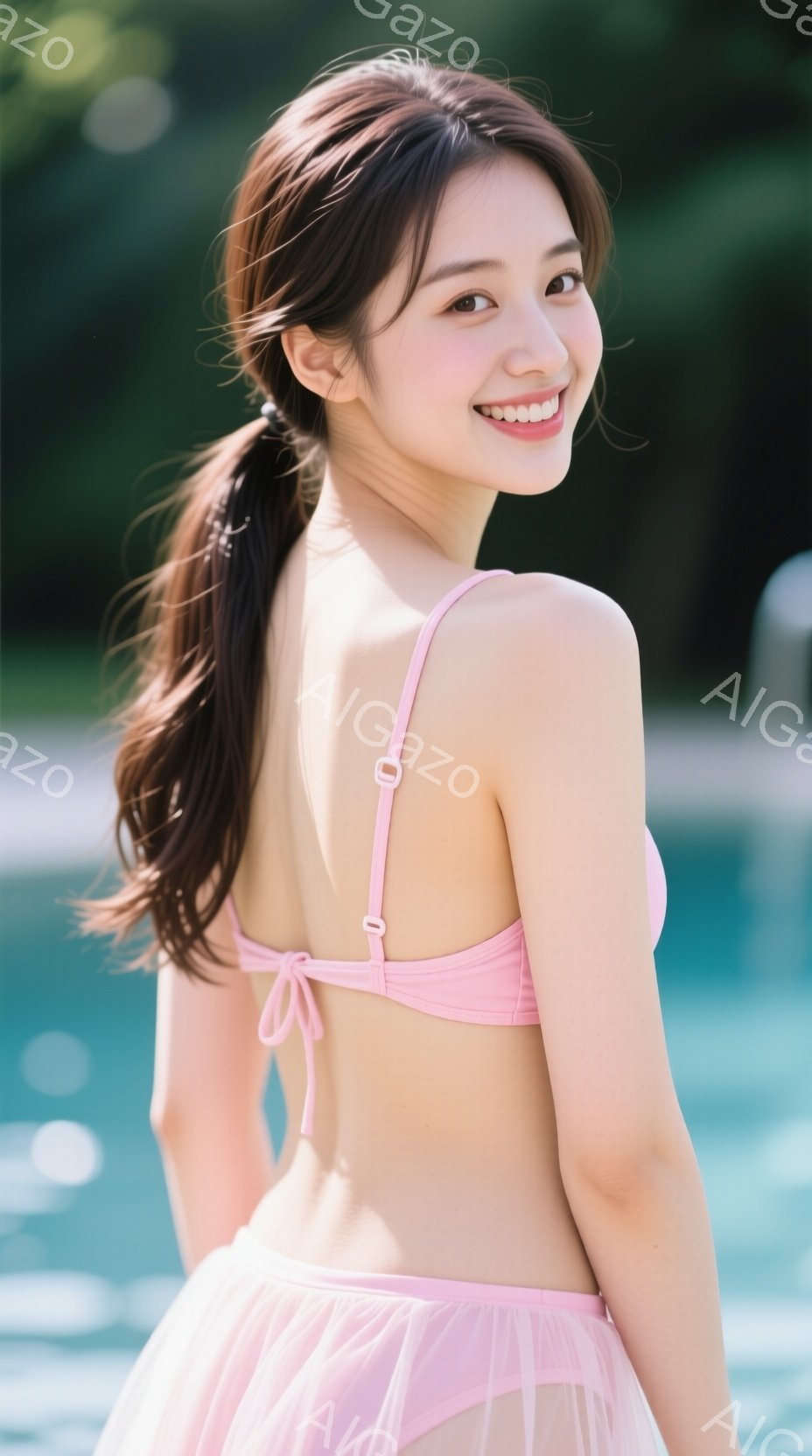 彼女はピンク色のビキニとチュールスカートを身に着け、後ろ姿を見せています。長い茶色の髪は後ろでポニーテールに結ばれており、顔は少し振り返って笑顔を見せています。背景には、青い水と緑豊かな植物が見え、晴 - AI生成フリー素材