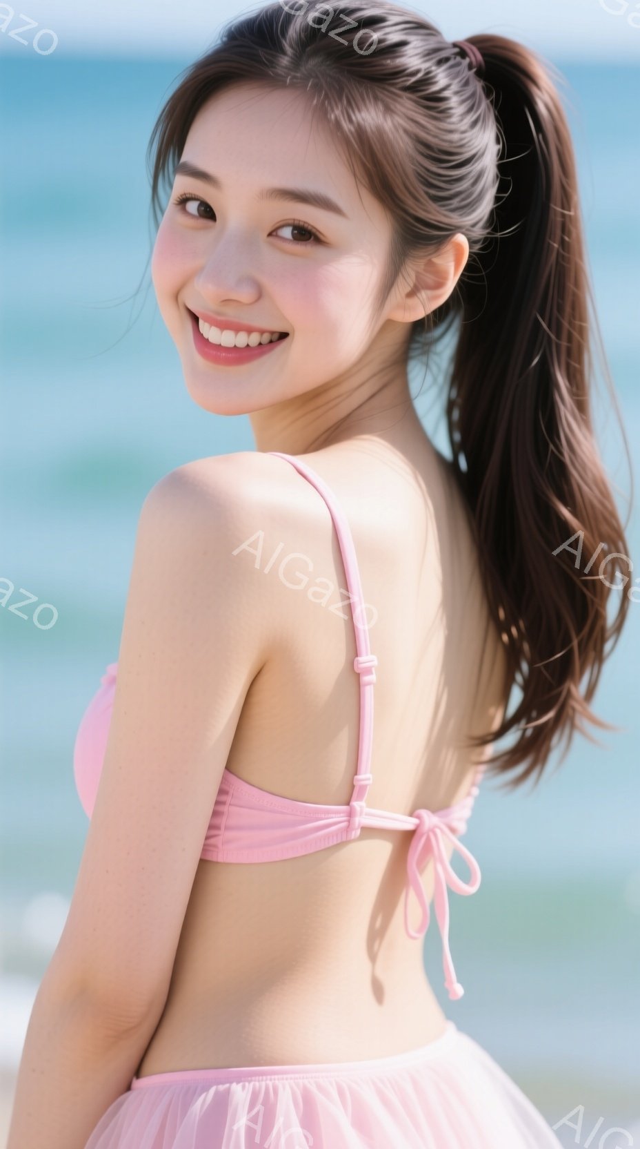 ピンク色のビキニとチュールスカートを身につけた女性が、カメラに向かって微笑んでいます。髪は後ろで高い位置でポニーテールにしており、明るい日差しのビーチを背景に、リラックスした雰囲気を漂わせています。空 - AI生成フリー素材
