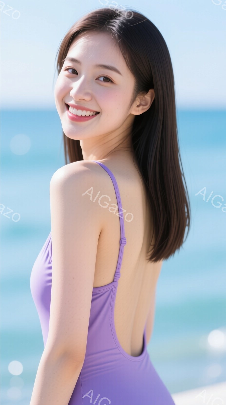 鮮やかな紫色の水着を着た若い女性が、ビーチを背景に後ろ姿を見せています。肩まで届くストレートヘアに、穏やかな笑顔を浮かべており、リラックスした雰囲気を醸し出しています。背景には、ターコイズブルーの海と - AI生成フリー素材