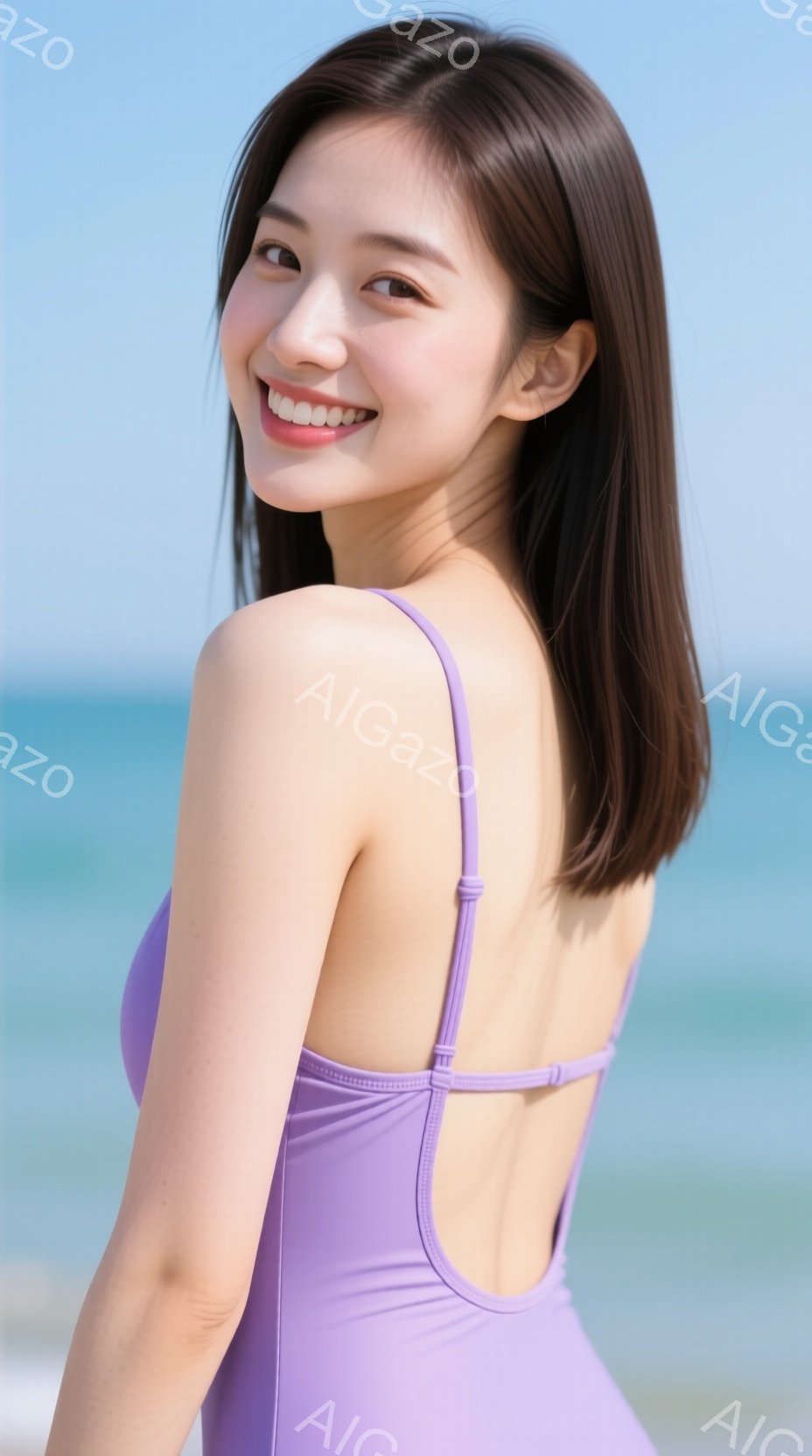 紫色のワンピース水着を着た女性が、こちらを笑顔で見ています。彼女は肩を少し出し、髪は肩にかかる長さで、リラックスしたポーズをとっています。背景には青い空と海が広がり、穏やかで爽やかな雰囲気が漂っていま - AI生成フリー素材