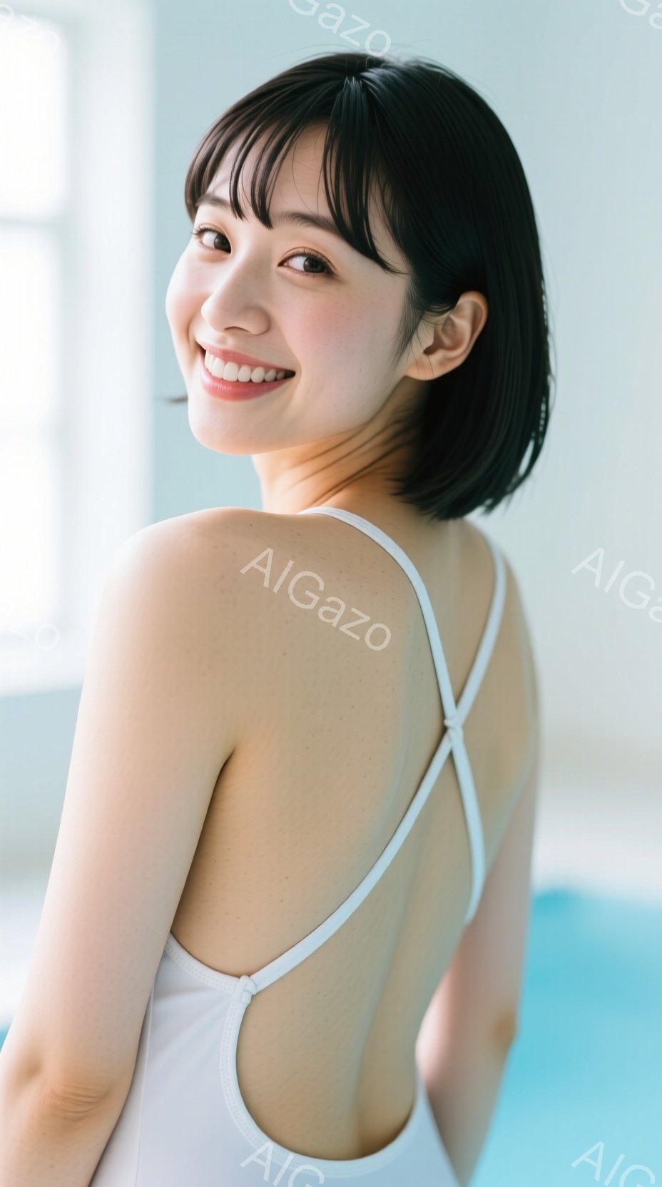 白い水着を着た女性が、カメラに向かって少し振り返り、微笑んでいます。彼女は肩を出し、黒いショートヘアで、健康的な肌を見せています。背景は水色のプールで、明るく爽やかな夏の雰囲気が漂っています。