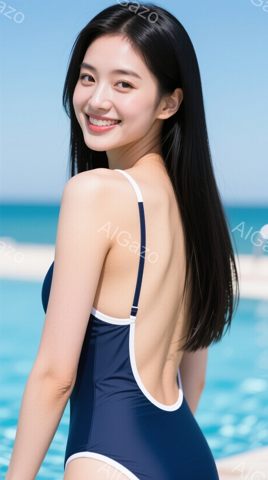 この女性は紺色の縁取りのあるワンピース水着を着ており、背中が大きく開いています。彼女は長い黒髪で、少し微笑んでおり、リラックスした表情をしています。背景には青いプールと太陽が照りつける美しいビーチがあ - AI生成フリー素材