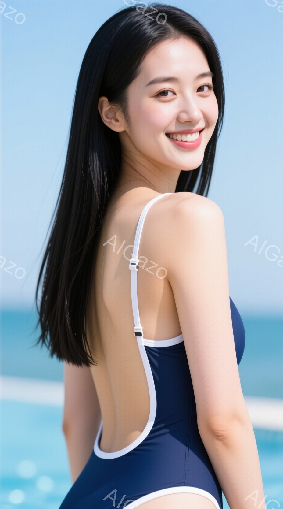 紺色の水着に白い縁取りがあり、背中が開いたデザインです。彼女は長い黒髪で、微笑んでおり、リラックスした雰囲気です。背景は青い水面で、晴れた日の穏やかな海辺の様子がうかがえます。 - AI生成フリー素材