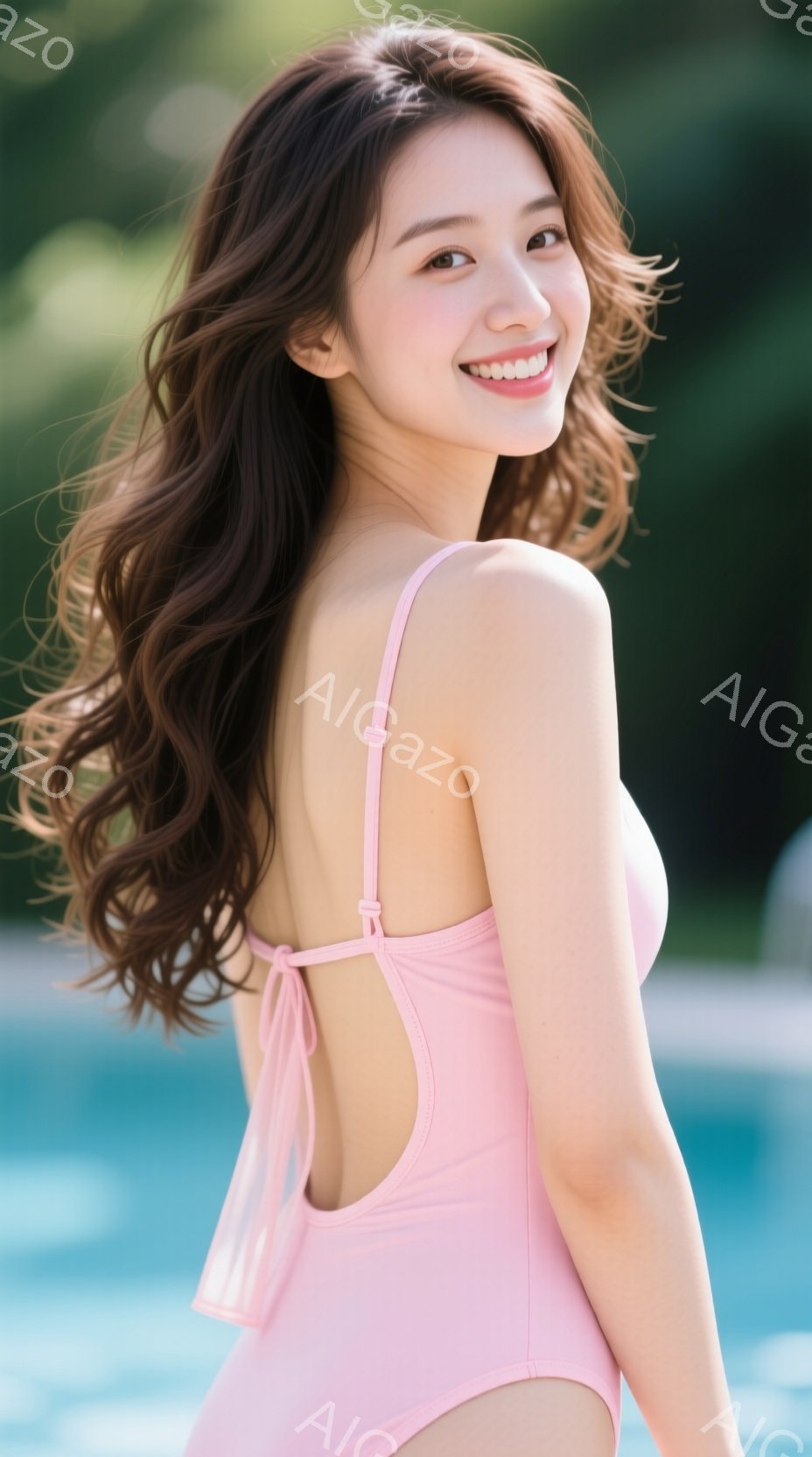 長い茶色の巻き毛が肩にかかり、ピンク色の水着を着た女性が正面を向いて微笑んでいます。彼女は少し体をひねっており、背景には青い水面が見え、屋外で晴れた日であることがわかります。 全体的に、明るく、リラックスした、夏の雰囲気を感じさせます。