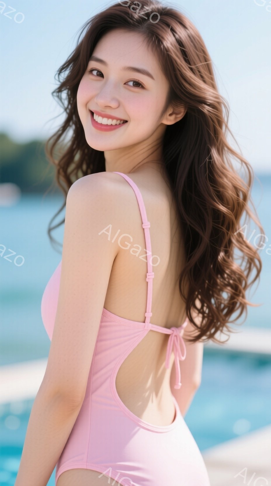 鮮やかなピンク色の水着を着た女性が、少し振り返ってこちらを見ている。彼女は長い茶色の髪をゆるく巻いており、笑顔で明るい表情をしている。背景には青い海と白い建物が見え、晴れた日のリゾート地のような雰囲気 - AI生成フリー素材