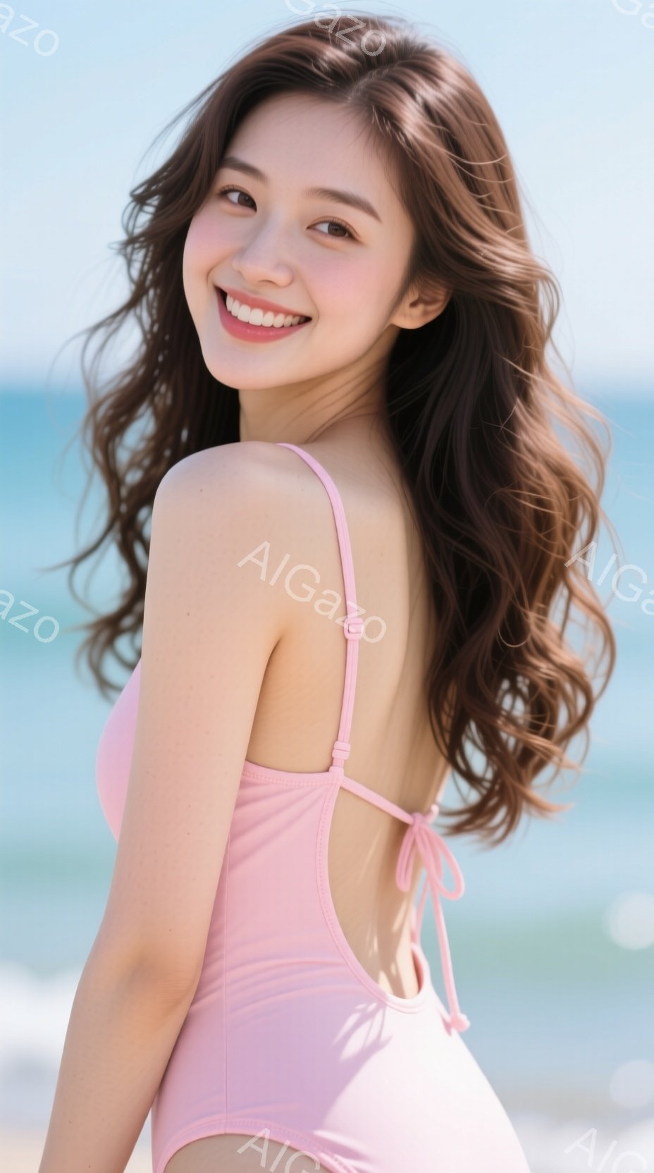 長い茶色の髪を無造作に巻いた女性が、淡いピンク色の水着を着てこちらを向いています。彼女は微笑んでおり、背中が開いたデザインの水着が特徴的です。背景には青い海と白い砂浜が広がり、晴天のビーチでリラックス - AI生成フリー素材