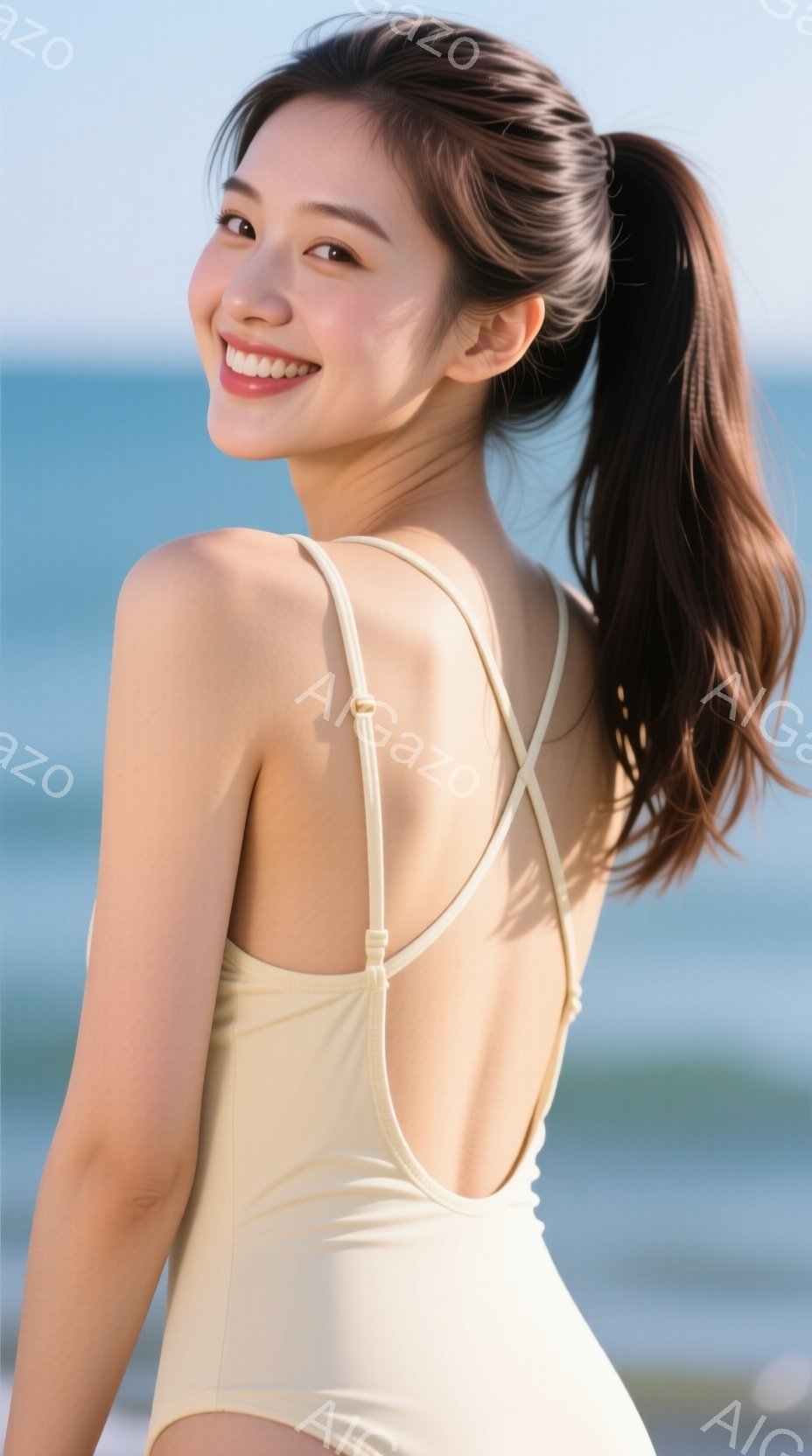 明るいクリーム色のワンピース水着を着た女性が、少し振り返って微笑んでいます。彼女は長い黒髪を高い位置でポニーテールにしており、姿勢はリラックスしており、背景には穏やかな青い海が広がっています。全体的に、夏らしい晴れた日の穏やかで明るい雰囲気が漂っています。