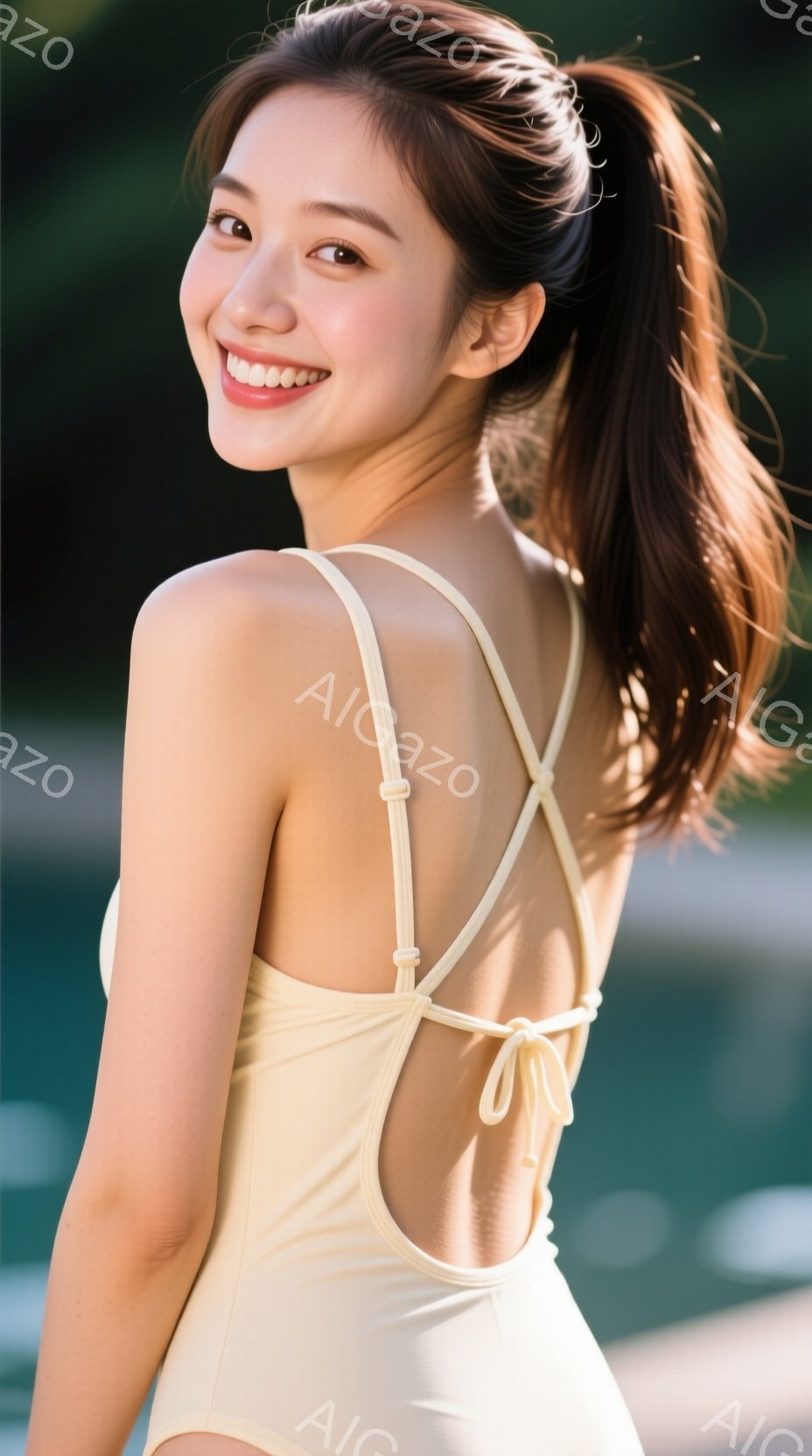 明るいクリーム色のワンピース水着を身につけた女性が写っています。彼女は髪を高く結び、笑顔でカメラを見つめており、リラックスした雰囲気を醸し出しています。背景には緑豊かな植物が見え、水辺で晴れた日の穏や - AI生成フリー素材