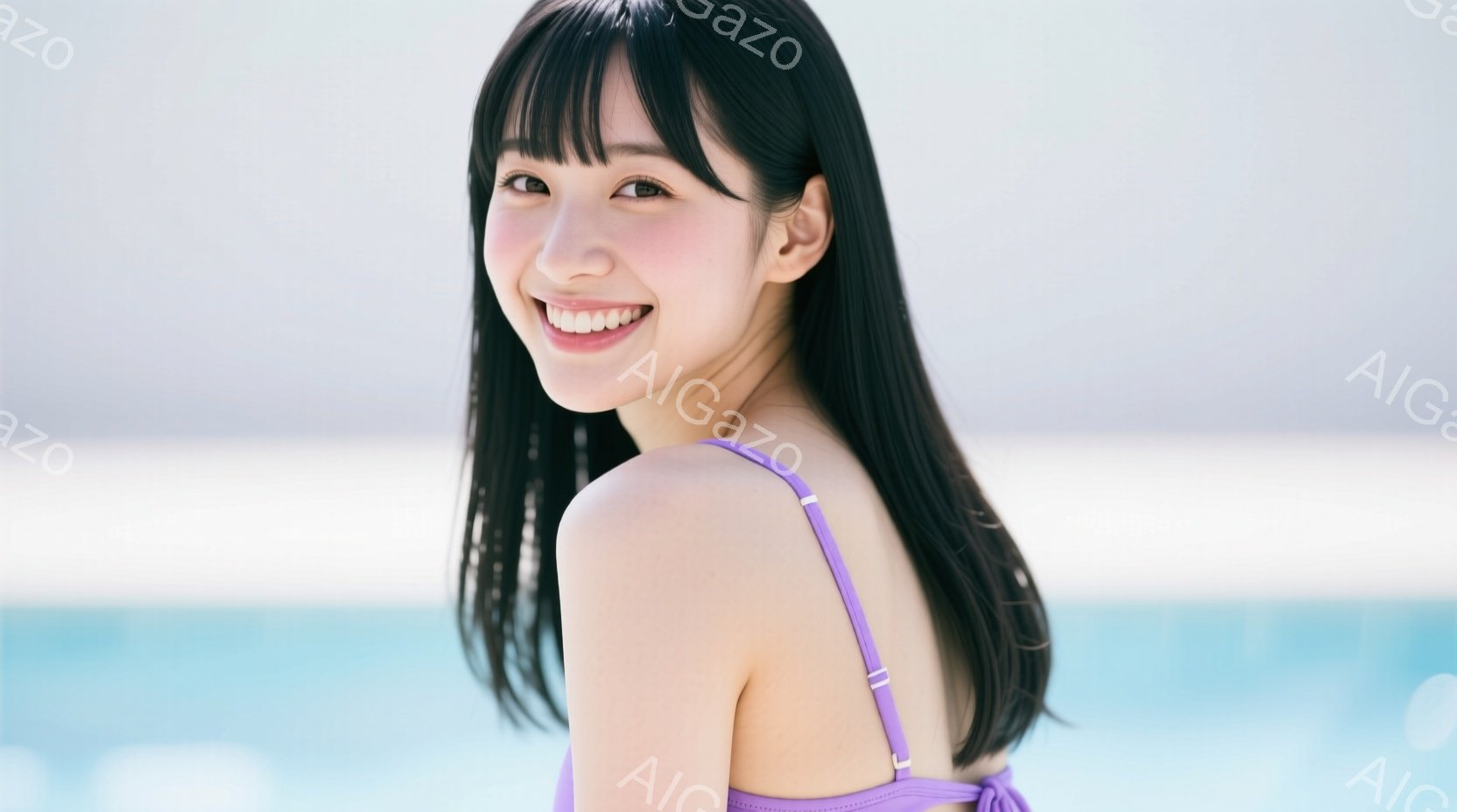 鮮やかな紫色のビキニを着た若い女性が、微笑みを浮かべてカメラを見つめている。彼女は肩を少し前に出し、黒いストレートヘアは肩にかかっている。背景はターコイズブルーの海で、晴天の下、爽やかな夏の雰囲気が漂 - AI生成フリー素材