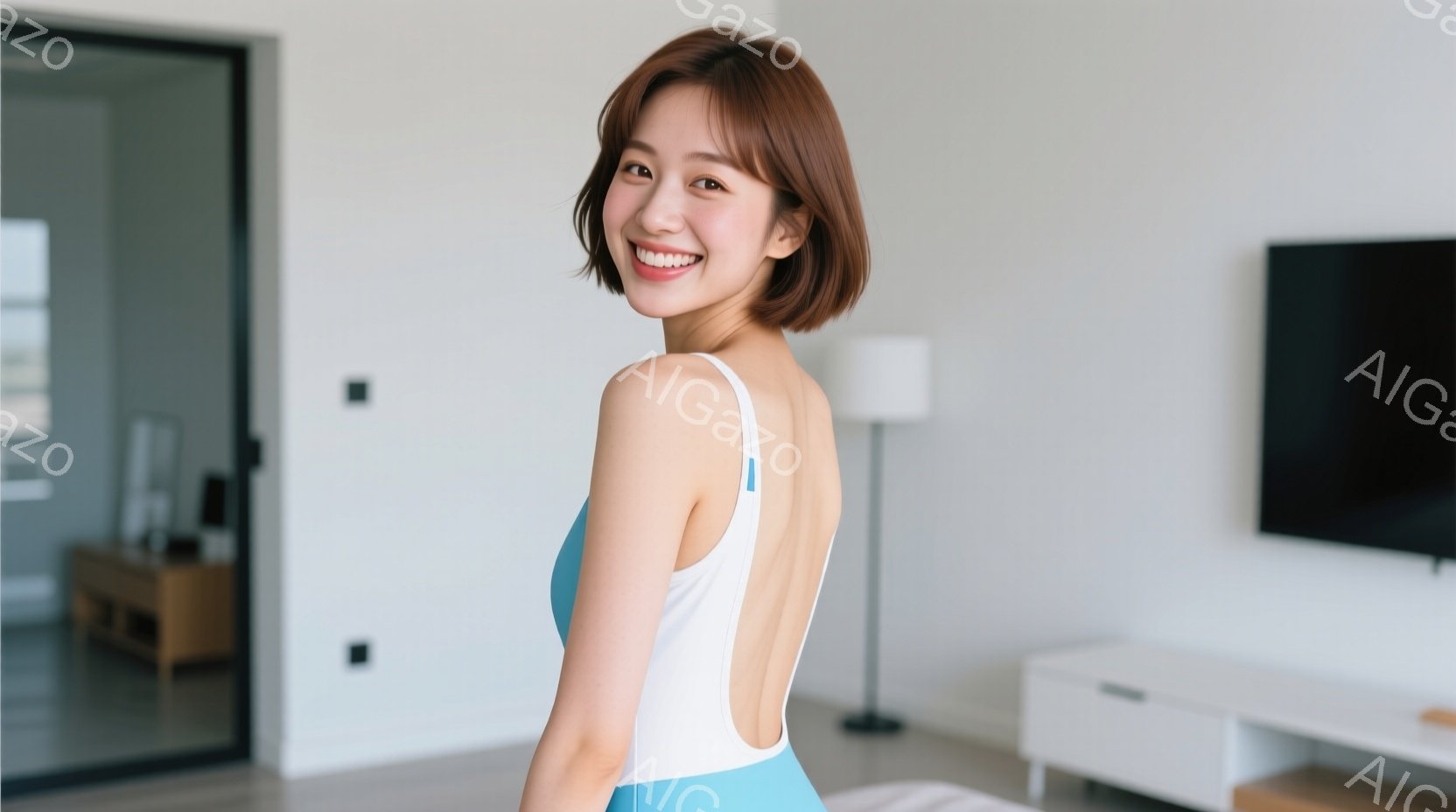 明るい室内で、女性が背中を少し見せて微笑んでいます。彼女は白い上着と青い下着の水着を着ており、短めの茶髪が肩にかかっています。背景には、白いキャビネットと黒いテレビ、そして鏡張りのドアが見え、明るく清潔な雰囲気が漂っています。