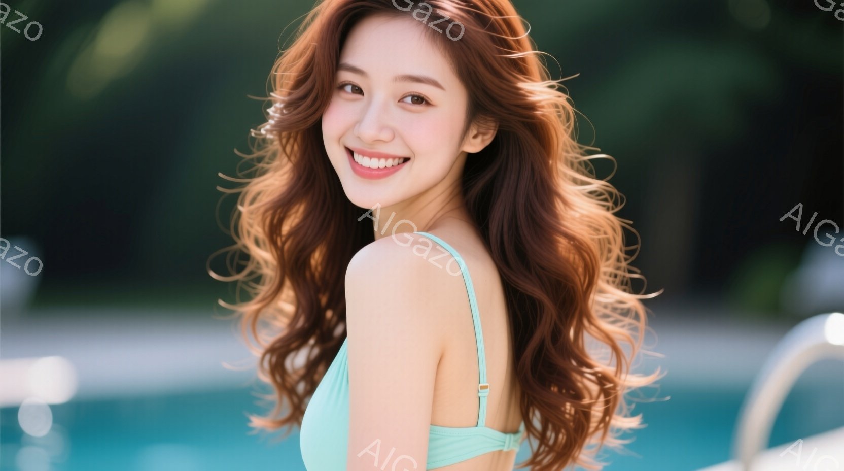 明るい緑色の水着を着た女性が写っています。彼女は肩まで伸びた巻き毛の髪をしており、満面の笑みを浮かべています。背景には青いプールと白い手すりがあり、晴れた日のリラックスした雰囲気が漂っています。 - AI生成フリー素材