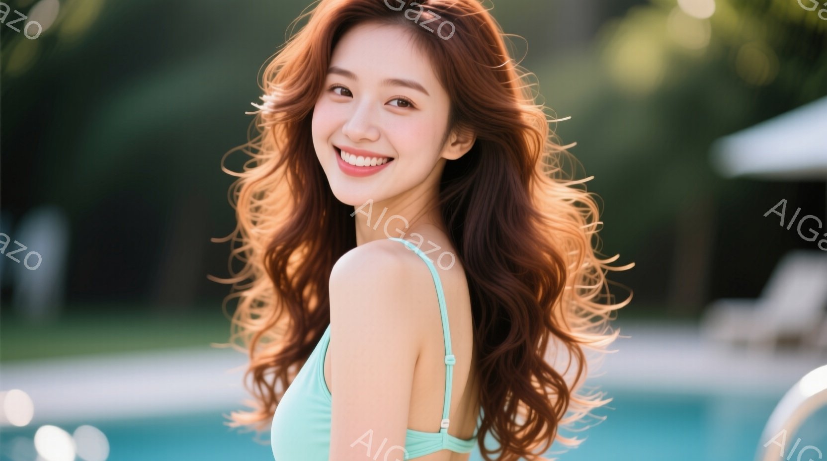 明るい緑色のビキニを着た女性が、微笑みを浮かべてこちらを見ています。彼女はウェーブのかかった長い茶髪で、髪は風になびいています。背景には青いプールと白いガーデン家具があり、晴れた日のリラックスした雰囲 - AI生成フリー素材