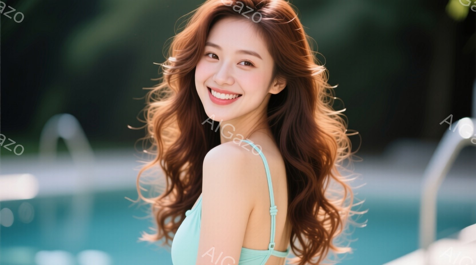 明るい茶髪をふんわりとカールさせた女性が、ターコイズブルーの水着を着て笑顔を見せています。彼女はわずかに体をひねって少し上を見上げるようなポーズをとっており、背景にはプールの水と緑豊かな植物が見えます - AI生成フリー素材