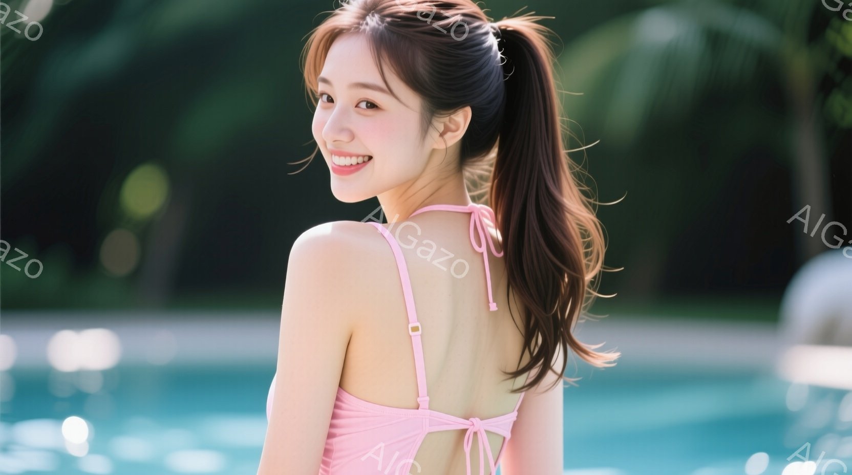 長い茶色の髪をポニーテールにし、ピンク色の水着を着た女性が微笑んでいます。彼女は後ろを振り返り、太陽の光が降り注ぐプールサイドに立っています。背景には緑豊かな植物と青い水面が見え、リラックスした夏の雰囲気が漂っています。